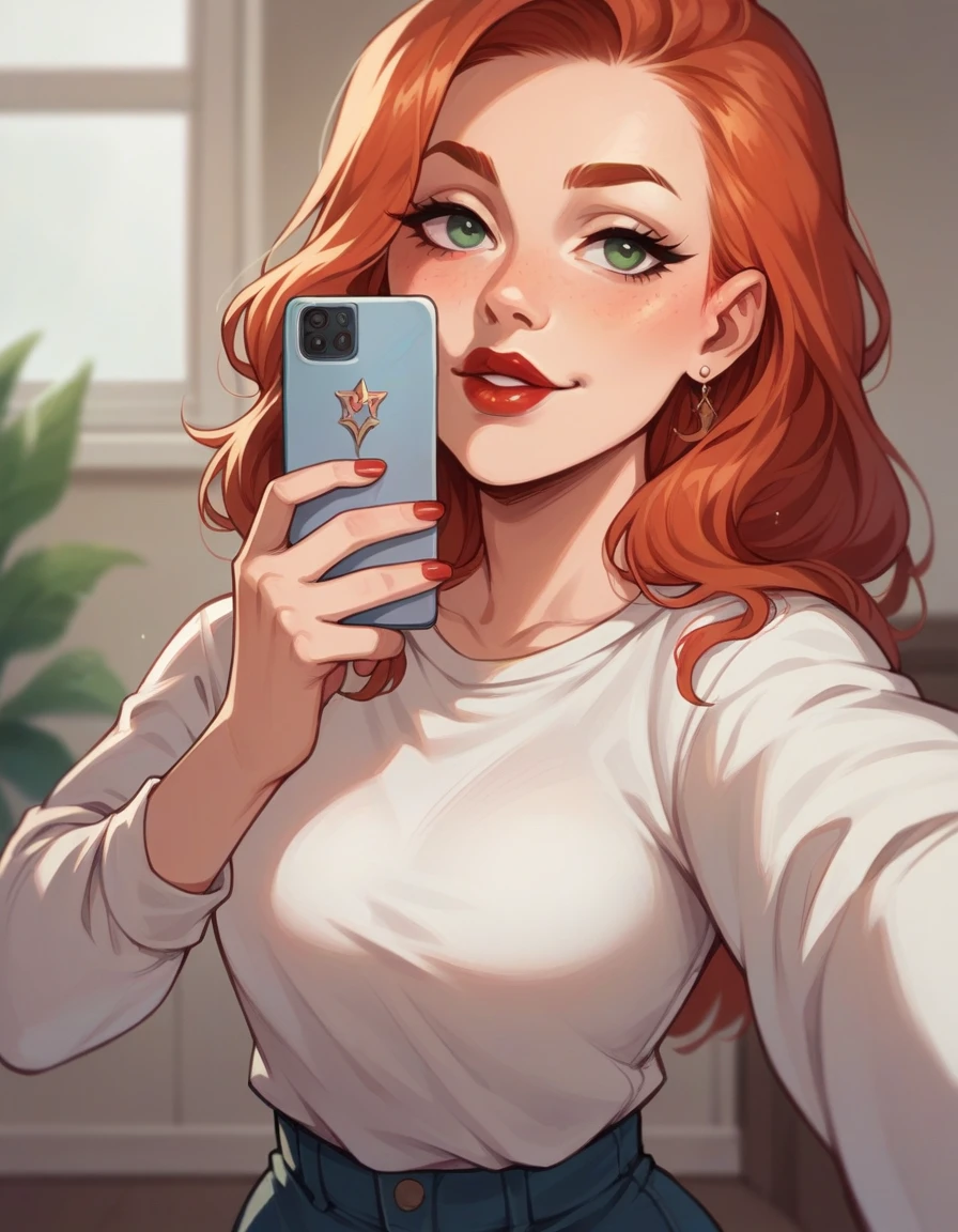 A redhead with lipstick, wearing a detailed embroidered dress, takes a stunning blurry selfie.