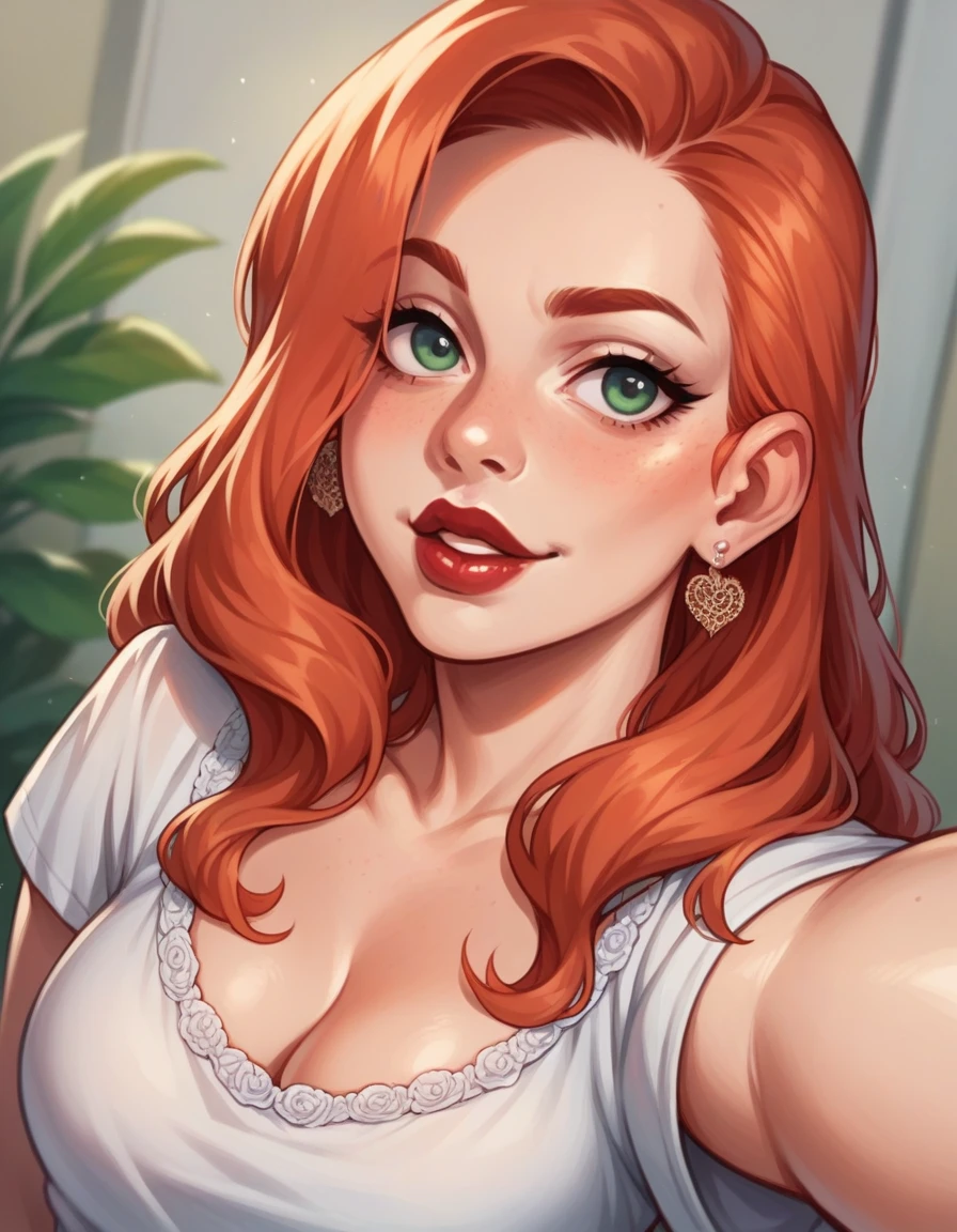 A redhead with lipstick, wearing a detailed embroidered dress, takes a stunning blurry selfie.