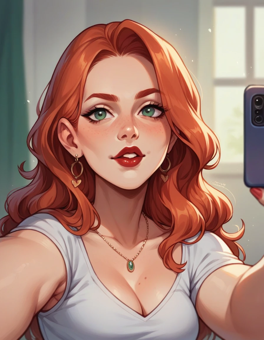 (high-level image quality), (high quality), (high resolution), (detailed), (masterpiece), beautiful woman, ((caucasian)), green eyes, red hair, short hair, dark red lipstick, busty, slender body, Detailed eyes, perfect eyes, Detailed face, portrait, couch, shorts, bra, fiddling with phone, portrait