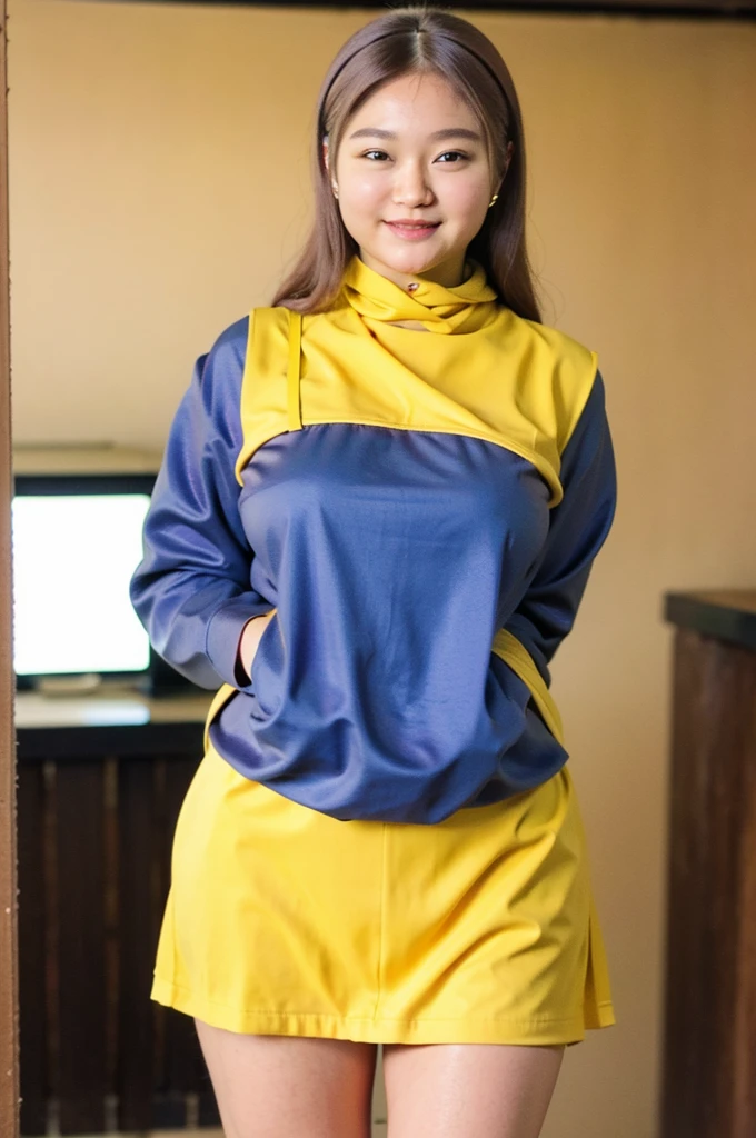 Ultra-high resolution, Superior Quality, highest quality, Very detailed, Realistic, 8k, RAW Photos, highest quality, masterpiece, Attractive girl, Awesome girl, Brown Hair,Wavy Hair、 Shoulder-length layers, Mesh Hair, Japanese Idols, ear piercing、stylish, blouse,smile、Beautiful teeth alignment. green eyes. Contact lens. Chubby cheek.