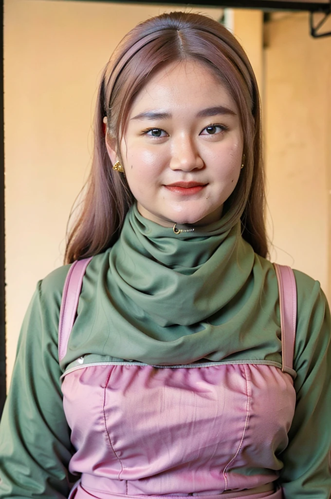 Ultra-high resolution, Superior Quality, highest quality, Very detailed, Realistic, 8k, RAW Photos, highest quality, masterpiece, Attractive girl, Awesome girl, Brown Hair,Wavy Hair、 Shoulder-length layers, Mesh Hair, Japanese Idols, ear piercing、stylish, blouse,smile、Beautiful teeth alignment. green eyes. Contact lens. Chubby cheek.