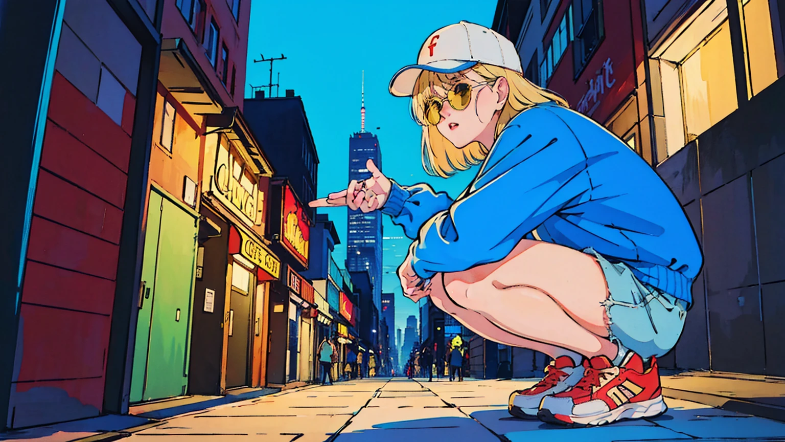 80's, Retro, City Pop, Best Photo Poses, Crouching on the city street, Dynamic Angle,girl, alone, cool, Delicate face, Wearing sunglasses, Blonde Hair, Cityscape, City of night, Casual street wear, Street side, Wearing a cap, Trendy clothing, clock, sneakers,