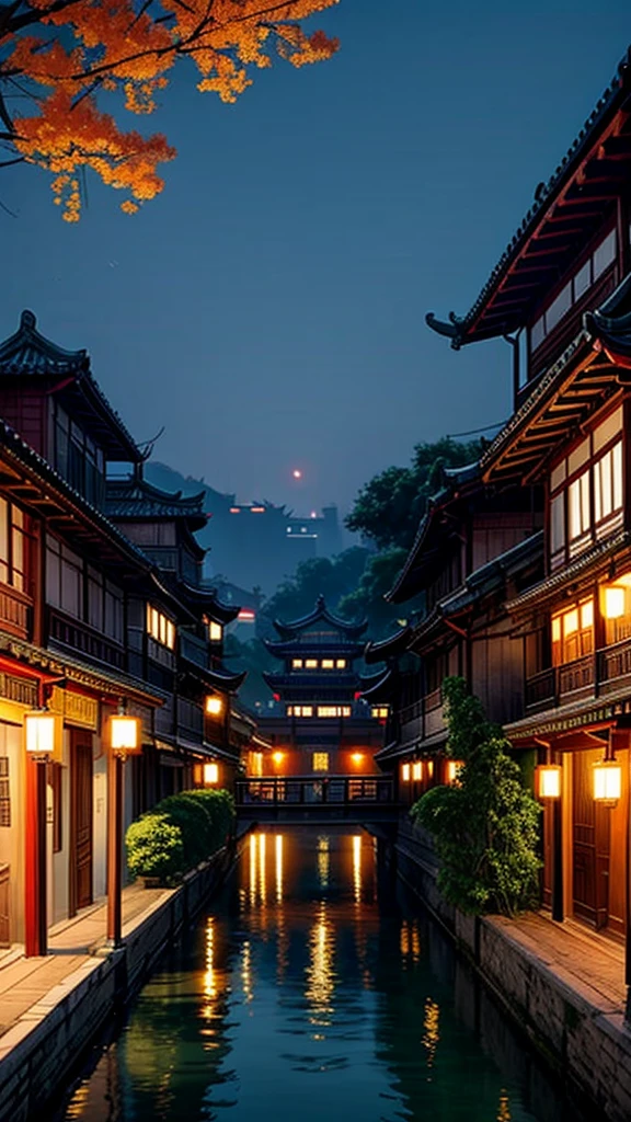 Jiangnan Water Village,Small town,night,Brightly lit,sparkling,湖面倒映着Small town的房屋。