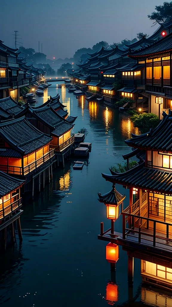 Jiangnan Water Village,Small town,night,Brightly lit,sparkling,湖面倒映着Small town的房屋。