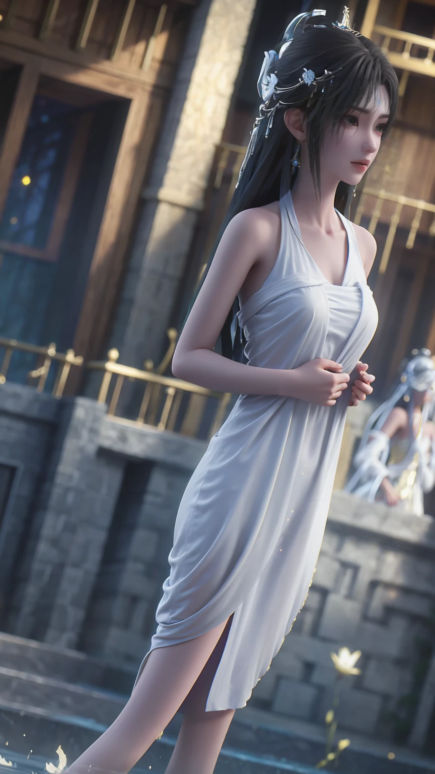 A girl bathing in water，Showering above the shoulders while bathing in water，Wearing full body pajamas，Hold your hands to your chest，Cover your chest with your hands，Golden glowing lotus on the water，Only the shoulders are exposed in the water，White clothes ，穿着White clothes