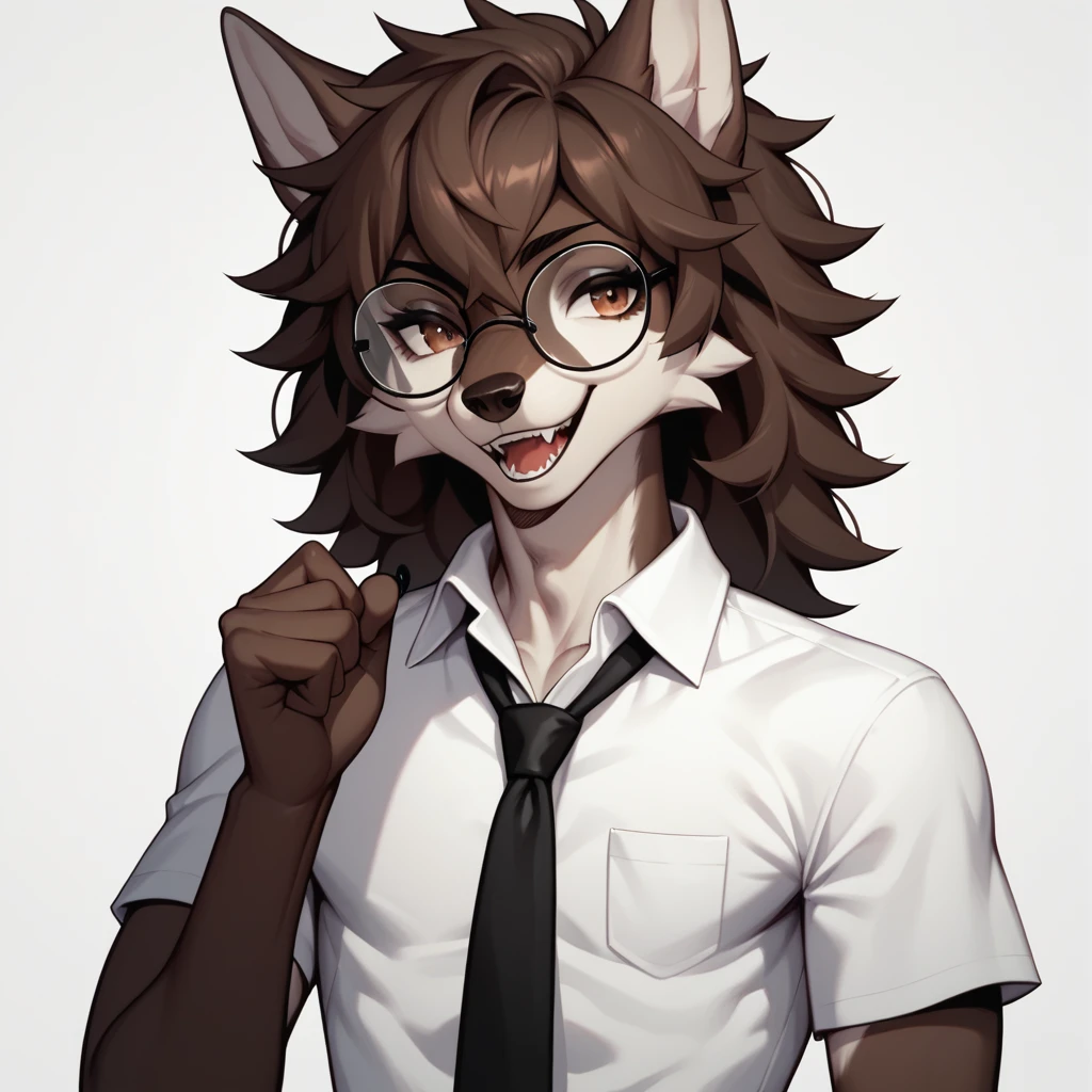 score_9,score_8_up,score_7_up, an Anthro furry male wolf, Tall and slender, dark brown shaggy hair, brown eyes, black thick rim glasses, feminine, wearing white button up shirt, black tie, black slacks, simple white background, big smile, mouth open, lookin triumphant, holding up a fist