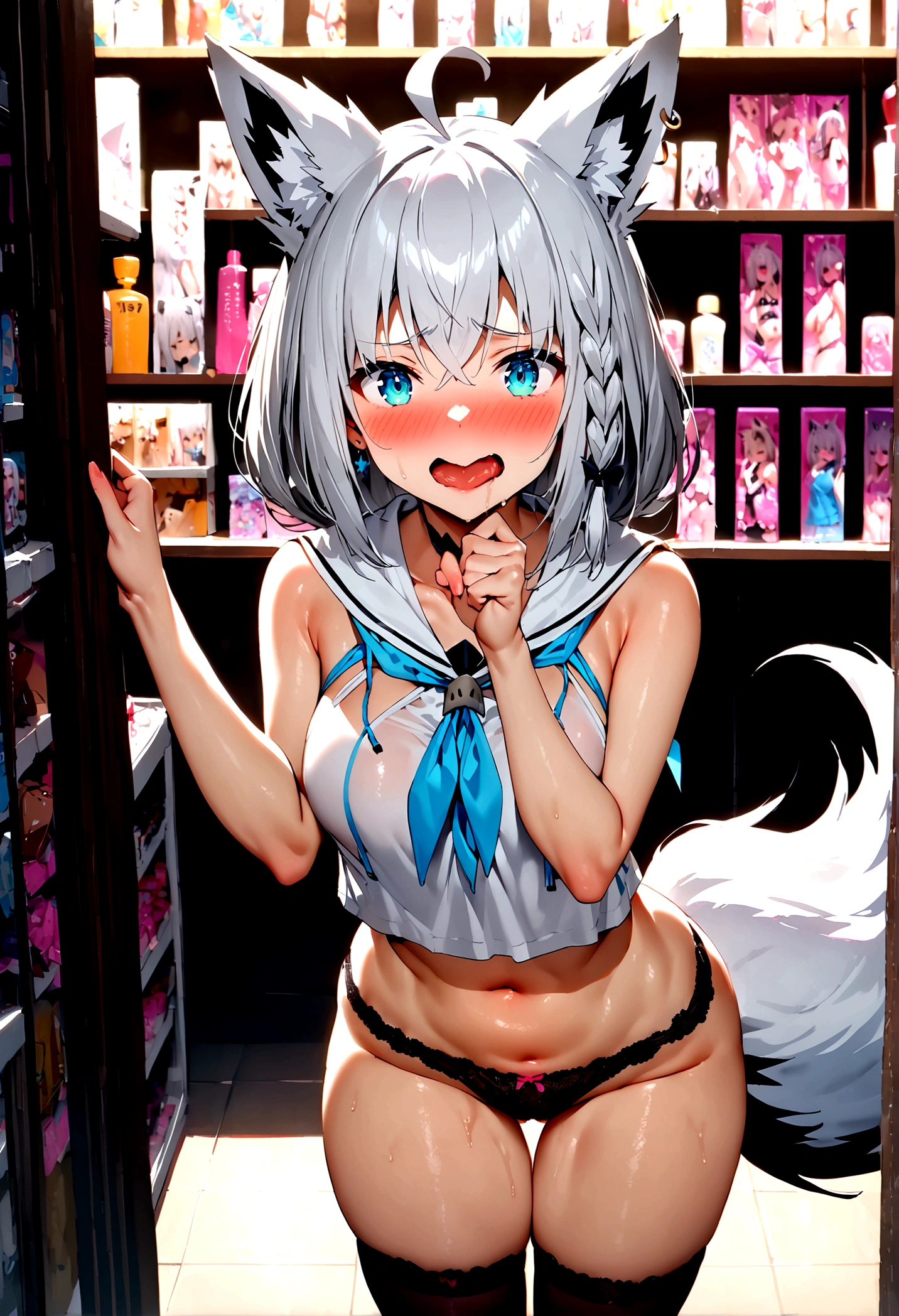 NSFW,masterpiece,Highest quality,High resolution,Super detailed,Shirakami Fubuki\(Hololive\),Gray Hair、One-sided braid、Ahoge、Earrings,Fox ears,Fox tail,Crop top shirt,Sleeveless,Embarrassed,blush,Expecting face,(Ecstasy face),(Adult Shop),(Underwear section),(Naughty shop),Cute pose,Date,(Seduce),(Middle-aged men),(Having sex),Insert your dick,Creampie,(Squirting),(rape)