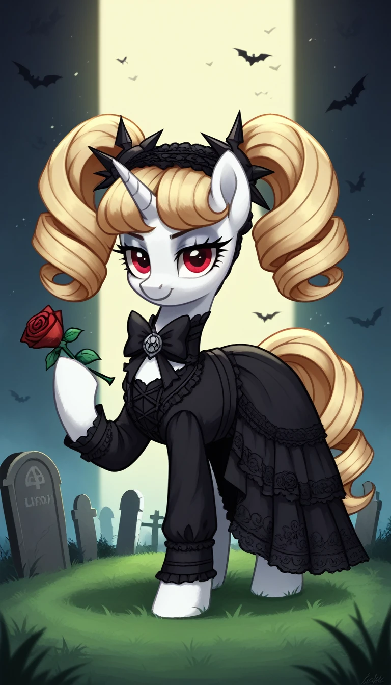 score_9,score_8_up,score_7_up,score_6_up, female, unicorn, white fur, curly blonde hair, twintails, red eyes, Gothic pony, ta fashion, glowing backlight, fashion show, graveyard, glitter, whimsical, enchanted, magical, fantasy art concept, intricate details, holding a black rose with unicorn magic