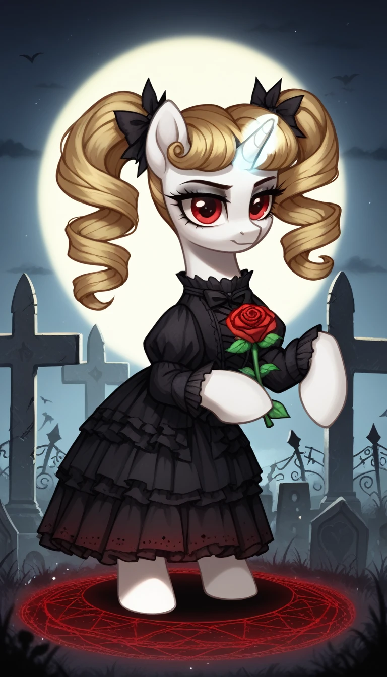 score_9,score_8_up,score_7_up,score_6_up, female, unicorn, white fur, curly blonde hair, twintails, red eyes, Gothic pony, lolita fashion, glowing backlight, fashion show, graveyard, glitter, whimsical, enchanted, magical, fantasy art concept, intricate details, holding a black rose with unicorn magic
