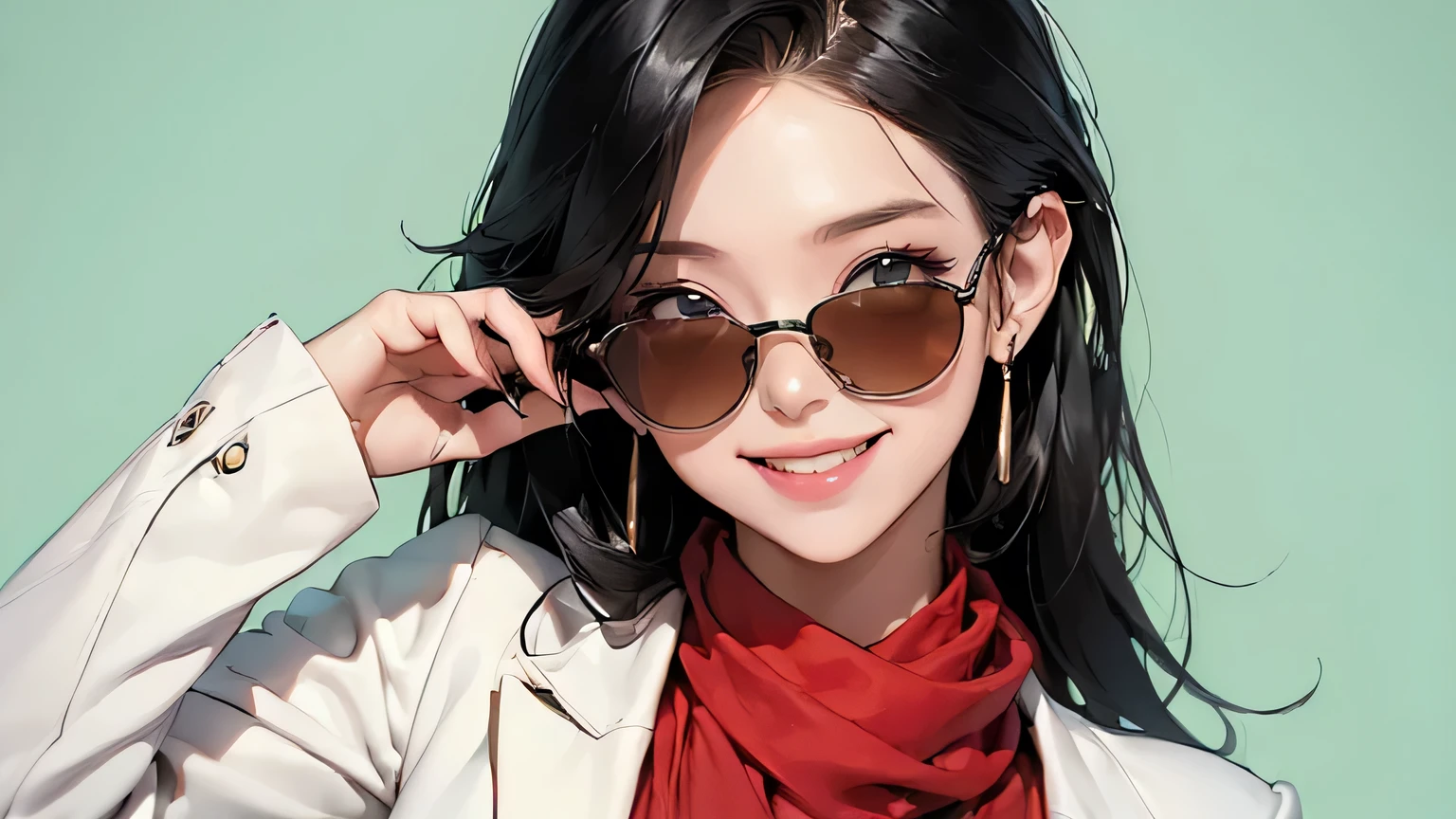 (masterpiece, best quality, 8k wallpaper, high resolution, ultra realistic), 1 woman, 1 girl with sunglasses, 18 years old, woman with long black hair, laughing, smiling, 8k, RAW portrait (Japanese woman), masterpiece, photorealistic: 1.3, realistic, ultra high resolution, highest quality, real life photo, (in the evening: 1.1), ((((1 girl: 1.5))))(cute face: 1.3), perfect proportions, 80s oversized sunglasses,, steampunk, col: white/green, face retouch, labrador, robot suit, chrome skin, savvy, anime cosplay, enhanced cyber, skin color –, slim bodysuit, red scarf, light colored background, two people posing. smiling, looking at you and laughing, grinning,