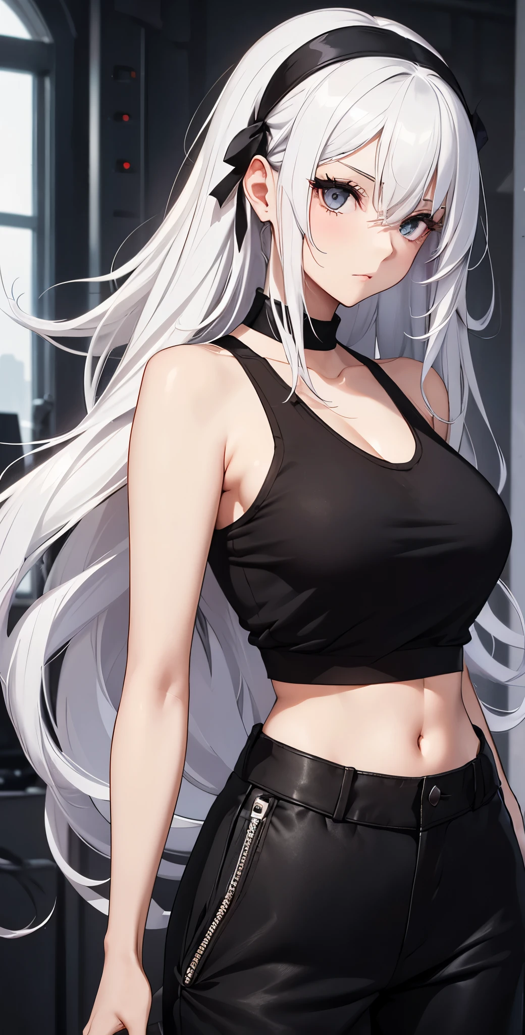 For a girl who has voluminous white hair, Has full black eyes, Wearing black tank top and long oversized black trousers