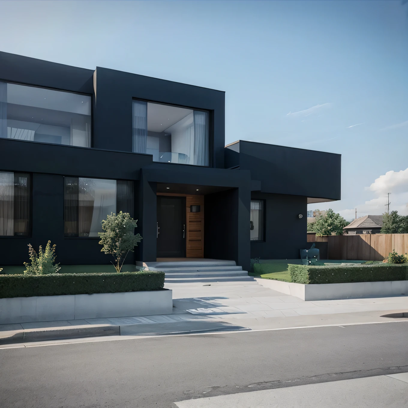 Professional 3d architecture rendering design of so modern and minimal Prussian blue and dark stone color 