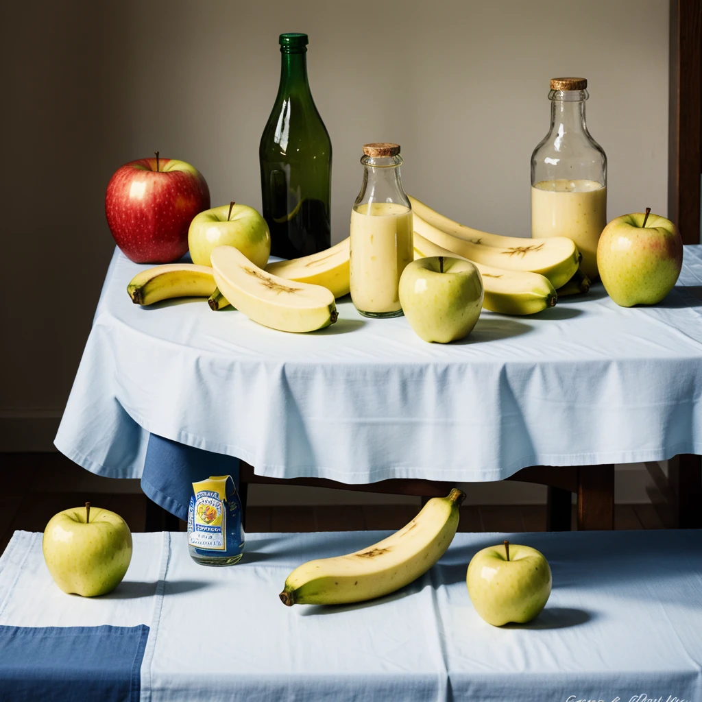 still life with a bottle, two bananas, An Apple. on a table with blue and white tablecloth