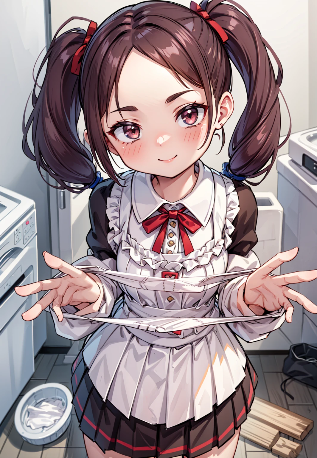 One Girl,
Laundry room,washing machine, Laundry basket, a few underwears are in a , {{{Half Twin Tail:1.3}}}、BREAK,blush, bow, Red Bow, Long sleeve, shirt, Collared shirt, Pleated skirt, Small breasts,
{{{Face close-up}}},Upper Body,,Check out the lace panties,High quality underwear,
Looking down,View your audience,
Lace panties as a gift,
Tabletop, Highest quality, , absurdes, Perfect Skin, Detailed skin texture, Super detailed, 8K, Intricate details, Beautifully detailed face,High resolution,
{{{Shadowed face}}}, mock, smile, Looking down at the viewer, masterpiece,absurdes, Beautiful detailed face seen from the front,
