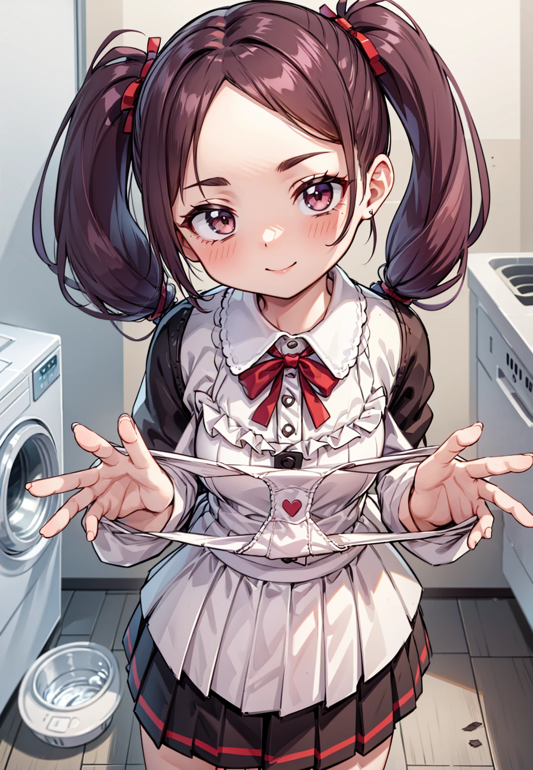 One Girl,
Laundry room,washing machine, Laundry basket, a few underwears are in a , {{{Half Twin Tail:1.3}}}、BREAK,blush, bow, Red Bow, Long sleeve, shirt, Collared shirt, Pleated skirt, Small breasts,
{{{Face close-up}}},Upper Body,,Check out the lace panties,High quality underwear,
Looking down,View your audience,
Lace panties as a gift,
Tabletop, Highest quality, , absurdes, Perfect Skin, Detailed skin texture, Super detailed, 8K, Intricate details, Beautifully detailed face,High resolution,
{{{Shadowed face}}}, mock, smile, Looking down at the viewer, masterpiece,absurdes, Beautiful detailed face seen from the front,