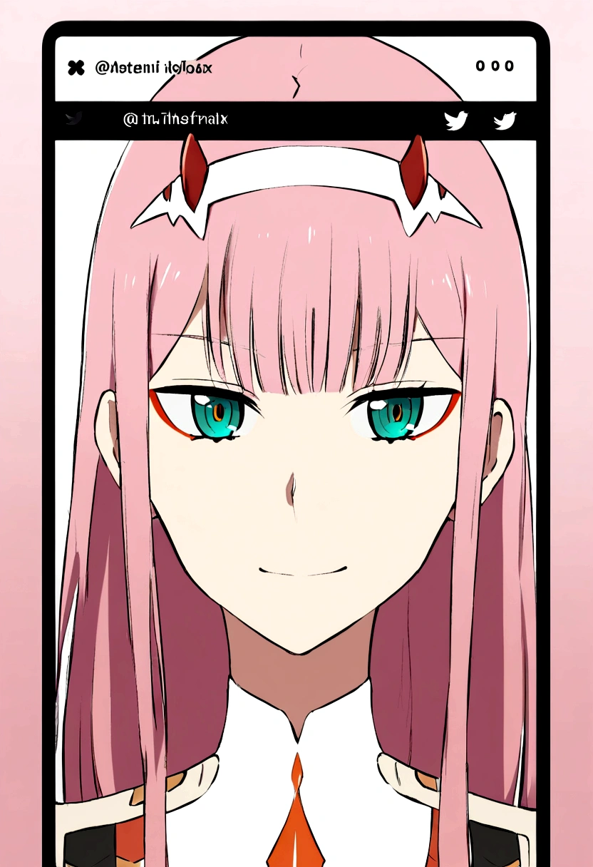 1girl, solo, zero_two_(darling_in_the_franxx), horns, long_hair, looking_at_viewer, bangs, hairband, closed_mouth, twitter_username, pink_hair, green_eyes, phone_screen, blue_eyes, portrait, white_hairband, aqua_eyes