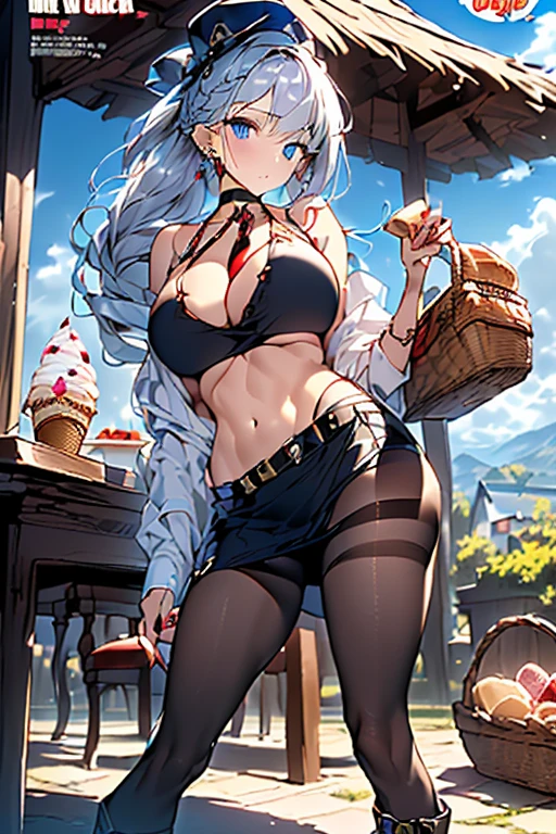 (perky chest:1.2), (pointed chest:1.2),(icecream magazine cover:1.3),(from below:1.2),(shoot from the side:1.1),(((Black Tunic:1.3))),(((cakes and bread in the basket),a 23yo Cute and beautiful girl,masterpiece、highest quality、Very detailed、Beautiful fine details、Detailed landscape、Braided Ponytail、Red camisole、((B cup breasts, Tank top showing underboob:1.0)), thigh strap, bangs, necktie, earrings, nail polish, fishnet pantyhose, silver hair, looking at viewer, full body, bottle, own hands together, belt, food, ring, choker, english text paper:1.2, collared shirt, blue eyes, hat,lace-up boots , 