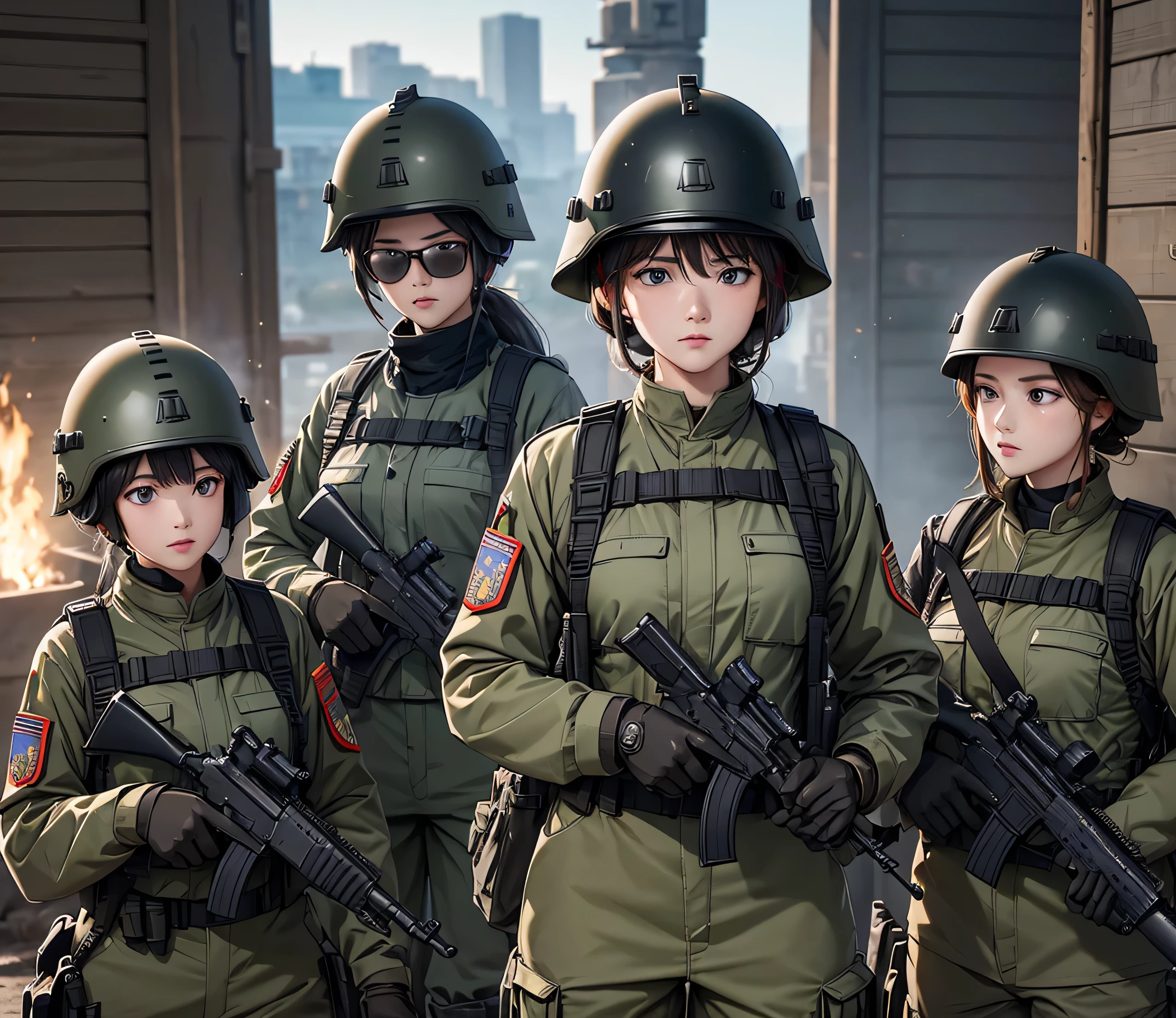 A group of female soldiers all wearing dark military uniforms,Full helmet、Military Pants、Individual equipment set、Alert with guns,Write details、masterpiece、best quality、Highly detailed CG、8K picture quality