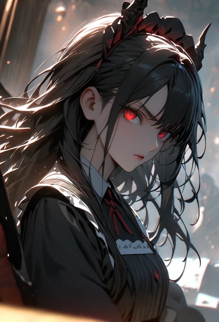 (solo), black hair, messy hair, mane hair, long hair, dense hair, wild hair, expressive hair, mature,(25 year old), pale skin, red eyes, ((woman)), maid,maid headdress,looking at viewer,apron, black dragon horns,, serious, black wings, beautiful, attractive, eye reflection, depth of field, thunder aura,cinematic lighting, ray tracing, depth of field, cinematic lighting, ray tracing, UHD, high details, best quality, highres, high quality, award winning, super detail, masterpiece, 8k, UHD, high details, best quality, highres, high quality, award winning, super detail, masterpiece, 8k, digital art, anime coloring, full body, body shot, good face, perfect face, detailed face, good eyes, sitting on a throne