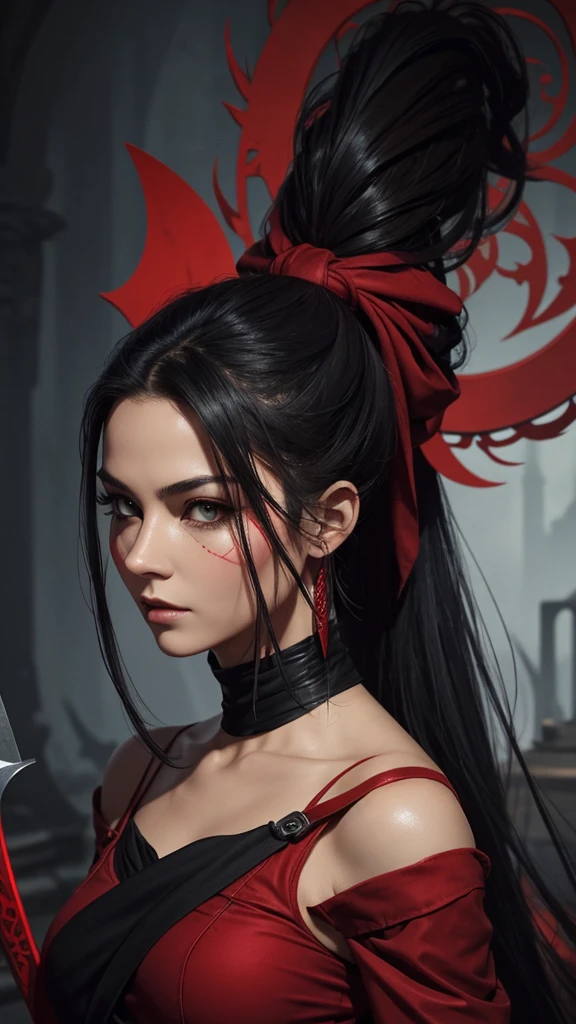 stunning rogue in red, lower face mask, she has long black hair pulled back in a ponytail, use deadly blade, fantasy illustration. image round frame integrated with whole composition