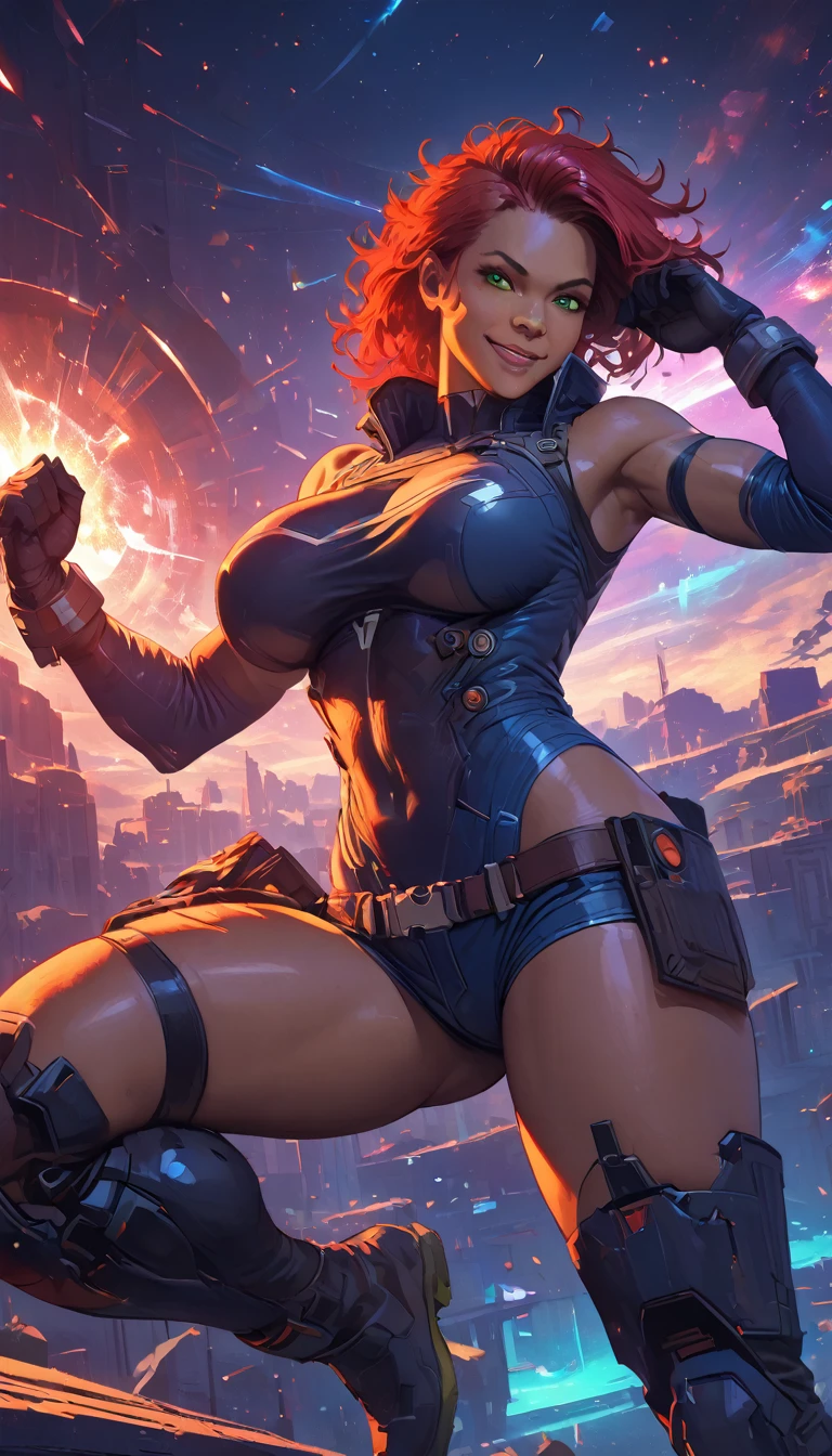 best quality,4k,8k,highres,masterpiece:1.2),ultra-detailed, extremely detailed eyes, extremely detailed body, (large masterpiece digital art), (detailed manga illustration), (detailed line art), ((perfect anatomy)), (intricate details:1.3), (ultra-detailed:1.3), (illustration:1.3), (sharp focus:1.3), (natural lighting:1.05), (vivid colors:1.3), (masterpiece), (best quality:1.4), (perfect anatomy:1.4), high quality, expressive eyes, full body, detailed face, beautiful face, perfect face, 1 girl, , cleavags, large breasts, cyberpthes, jacket, black jacket, very long hair, thigh length hair, ({dark skin}), dark-skinned female ,detailed ((red hair)), messy hair, green eyes, hourglass physique, bodysuit, ultramarine bodysuit, sleeveless, shorts, thick thighs, toned, captain marvel emblem, emblem, superhero, dynamic lighting, cinematic lighting, dynamic heroic pose, smiling, outer space background, curvy, Atey Ghailan, Jeremy Mann, Greg Manchess, Antonio Moro, trend in ArtStation, trend in CGSociety, Intricate, High Detail, Sharp focus, dramatic and photorealistic painting art by Midjourney and Greg Rutkowski, Jeff Bridges, ((cartoon style)), Marvel Cinematic Universe style