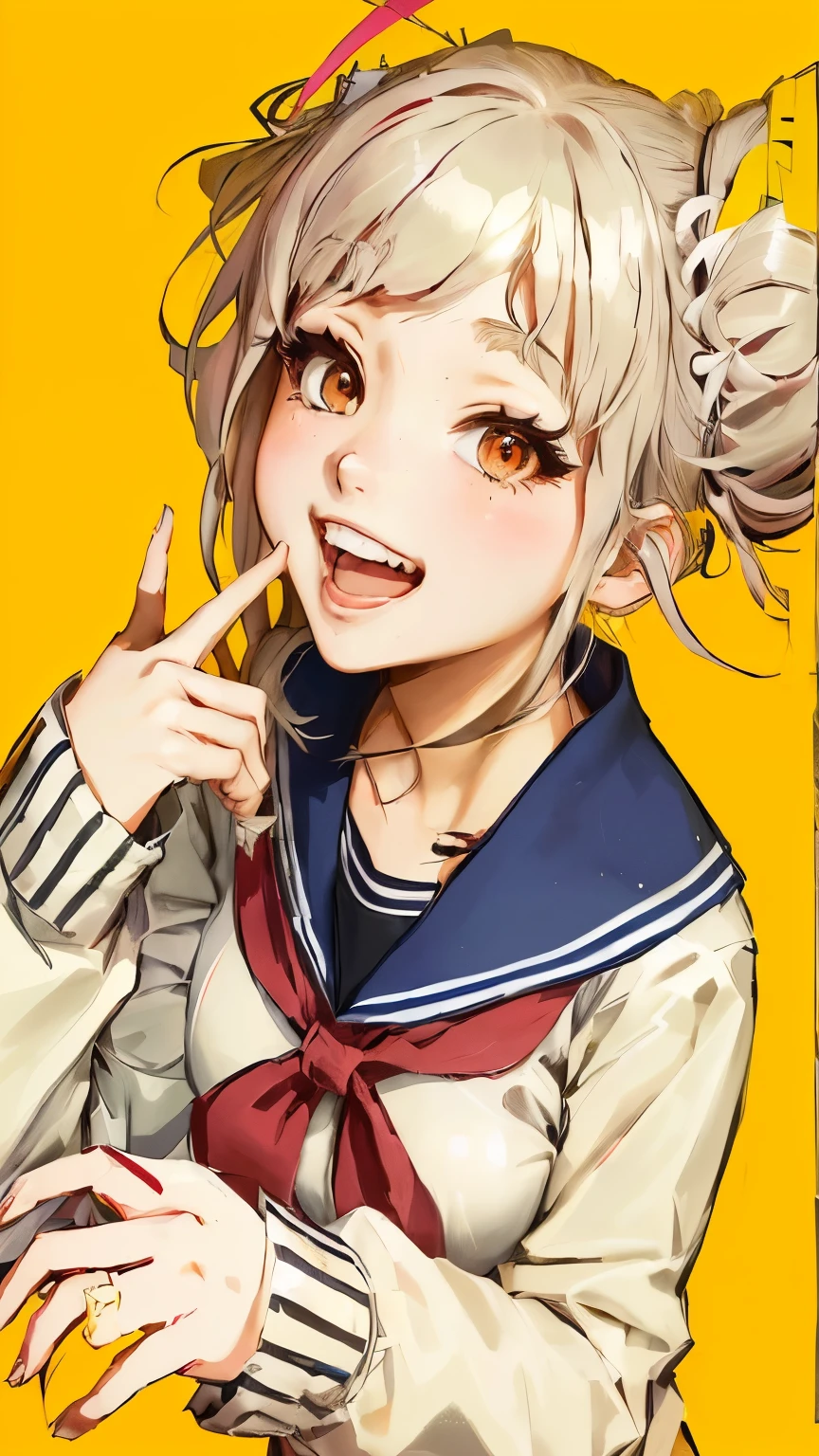 A girl with a ponytail and a sailor suit pointing her index finger, Yandere, shikamimi, gapmoe Yandere, nyaruko-san, Yandere. expensive, , Moe art style, Danganronpa digital art, Cute girl junko enoshima from danganronpa, Yandere intricate