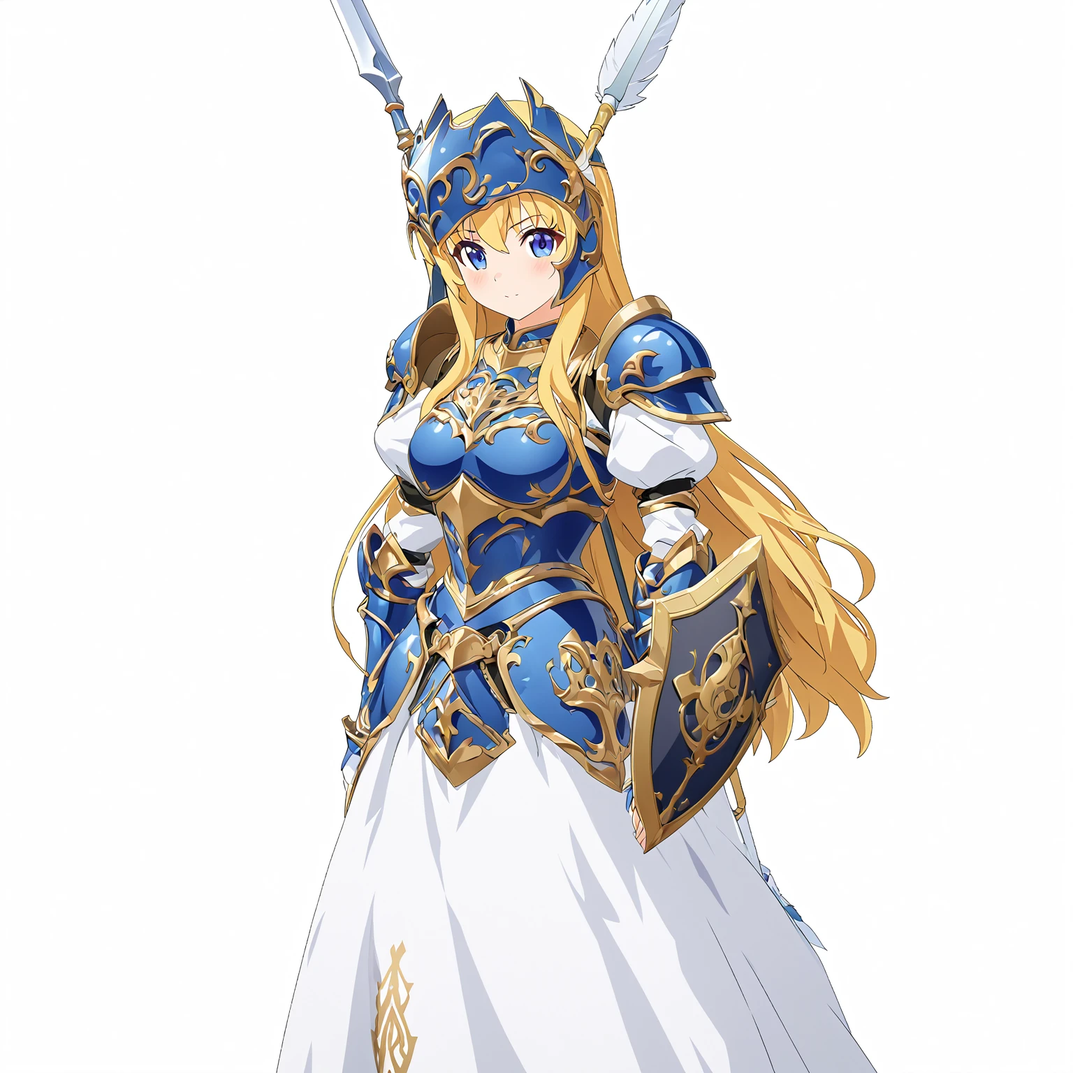 Highest quality, high resolution, High quality game art style, whole body,Valkyrie,Official Art, Smooth game CG art,Cute 3D anime girl render, Visual Novel Sprites, White background,Smooth game CG art, (((Woman with a long spear))),A woman wearing a white dress and blue armor, An intricately designed helmet with white feathers,Small shield, (((Has an exquisite long spear))),Exquisite Blue Armor,Golden Hair, long hair, female knight, Rin々Shii,Large Bust,,