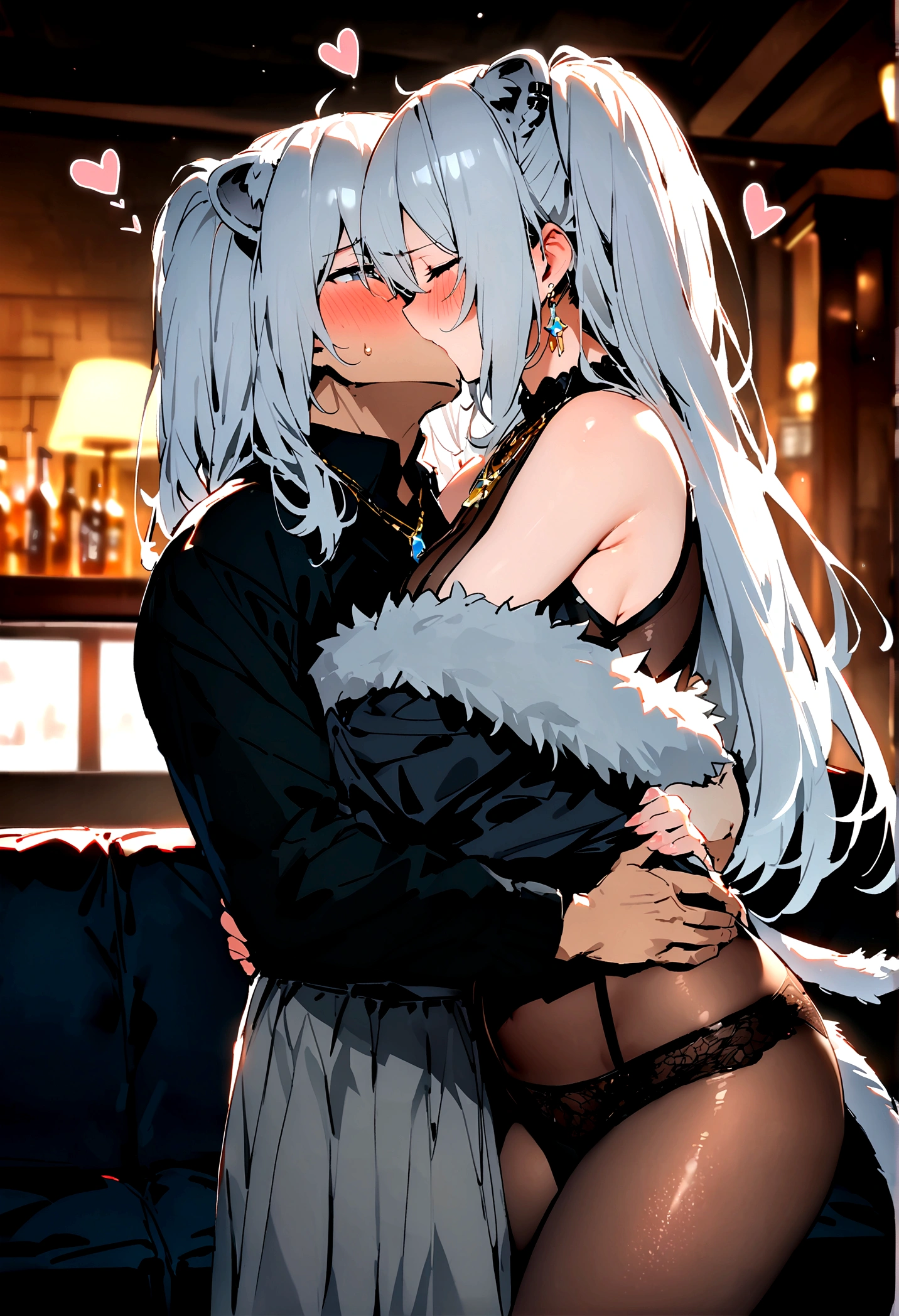NSFW,masterpiece,Highest quality,High resolution,Super detailed,Shishirabotan\(Hololive\),Long Hair、Two Side Up、Earrings、Lion's Tail,necklace、Black Shirt、Sleeveless shirt、abdomen、See-through、Grey Skirt、片足pantyhose、pantyhose、fur-trimmed jacket、Black jacket、Off the shoulder,Black sexy panties,Embarrassed,blush,Luxurious Room,pub,Private room,sofa,(Drunk),(Intoxication),heart,Sexy pose,Panty shot,(Middle-aged men),(A man puts his hands on her waist and hugs her),to kiss,From the side