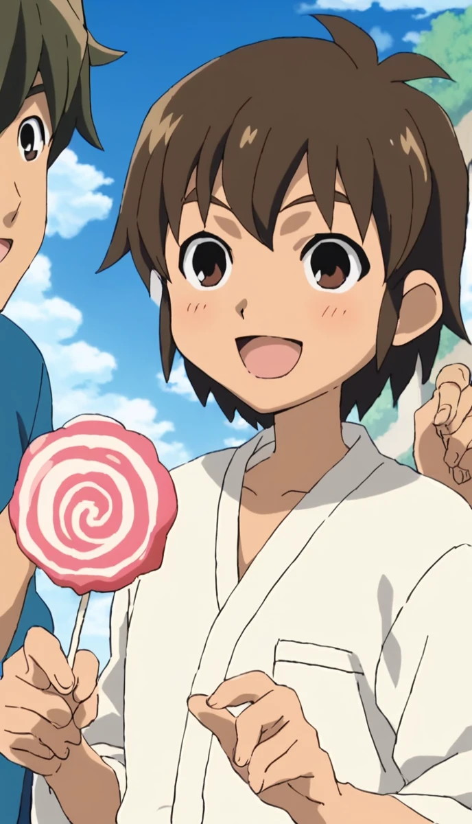  sauce_anime, 1peopleの男の子, Handa Shinichi, Brown Hair, Brown eyes,  Pause, smile, Put your hands on your hips, View your viewers, anime, 一peopleの男の子, Handa Shinichi, Brown Hair, Brown eyes, stop temporarily,cotton candy (background, ・色とりどりの花火が夏祭り会場のColor the night sky. ・Fireworks soar high into the sky、Color the night sky. ・The summer festival scene is depicted with a focus on boys.. ● Stalls and stalls are lined up, そしてpeople々seems to be enjoying. ), (people, A man wearing a yukata stands under fireworks. Late teens to early twenties, -A man has a huge piece of cotton candy in her hand. ), (Four fingers and thumb:1.3), (cotton candy, ・((The man is holding her face size over cotton candy:1.3), (massive size cotton candy:1.5)). ・cotton candyは真っ白でふわふわ, It smells sweet when you put it in your mouth. ), Open your mouth:1.25, (expression, ・The man is eating cotton candy with relish. The boy has a smile of satisfaction on his face.. ),