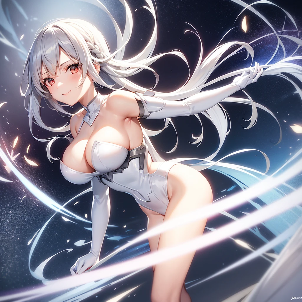 asuna,sao, crown half up hairstyle,, asuna,sao, crown half up hairstyle,, Perfect body, woman, white and silver hair, seductive smile, cleavage cutout, silver eyes, elbow gloves, mechanical body armor, red Clothes, dusk, dusk sky, sunset,