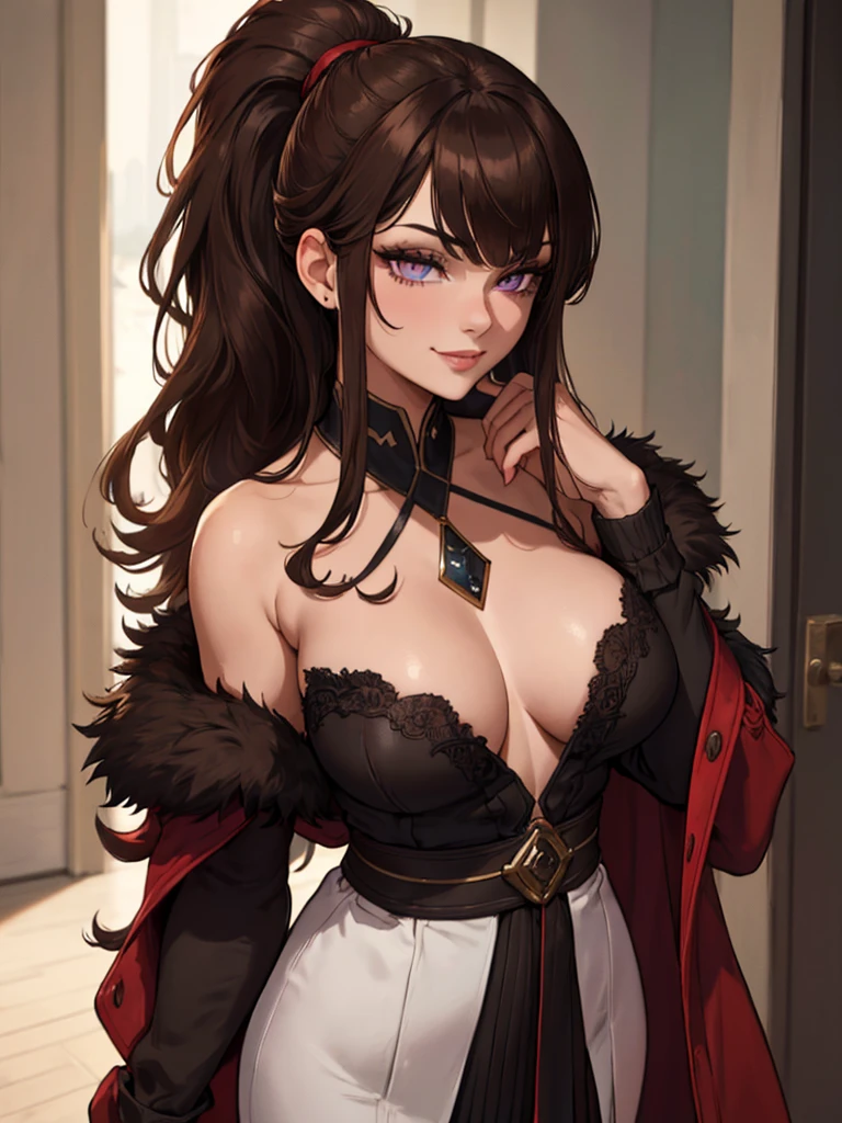 ((masterpiece)), ((best quality)), 1girl, adult, long hair, big bust, ((brown hair)), ((intimidant look)), ((close-up)), profile image, black and red clothes, sexy, dark colors, ((coat with fur)), ((wavy hair)), exposed skin, ((sexy pose)), good anatomy, ((dark sage clothes)), ((straight cut bangs)), emotionless, intimidant, ((beautiful eyes)), dark background, close up, ((detailed eyes)), ((detailed face)), hair bang, frontal look, relaxed, smile, queen, ponytail, violet eyes