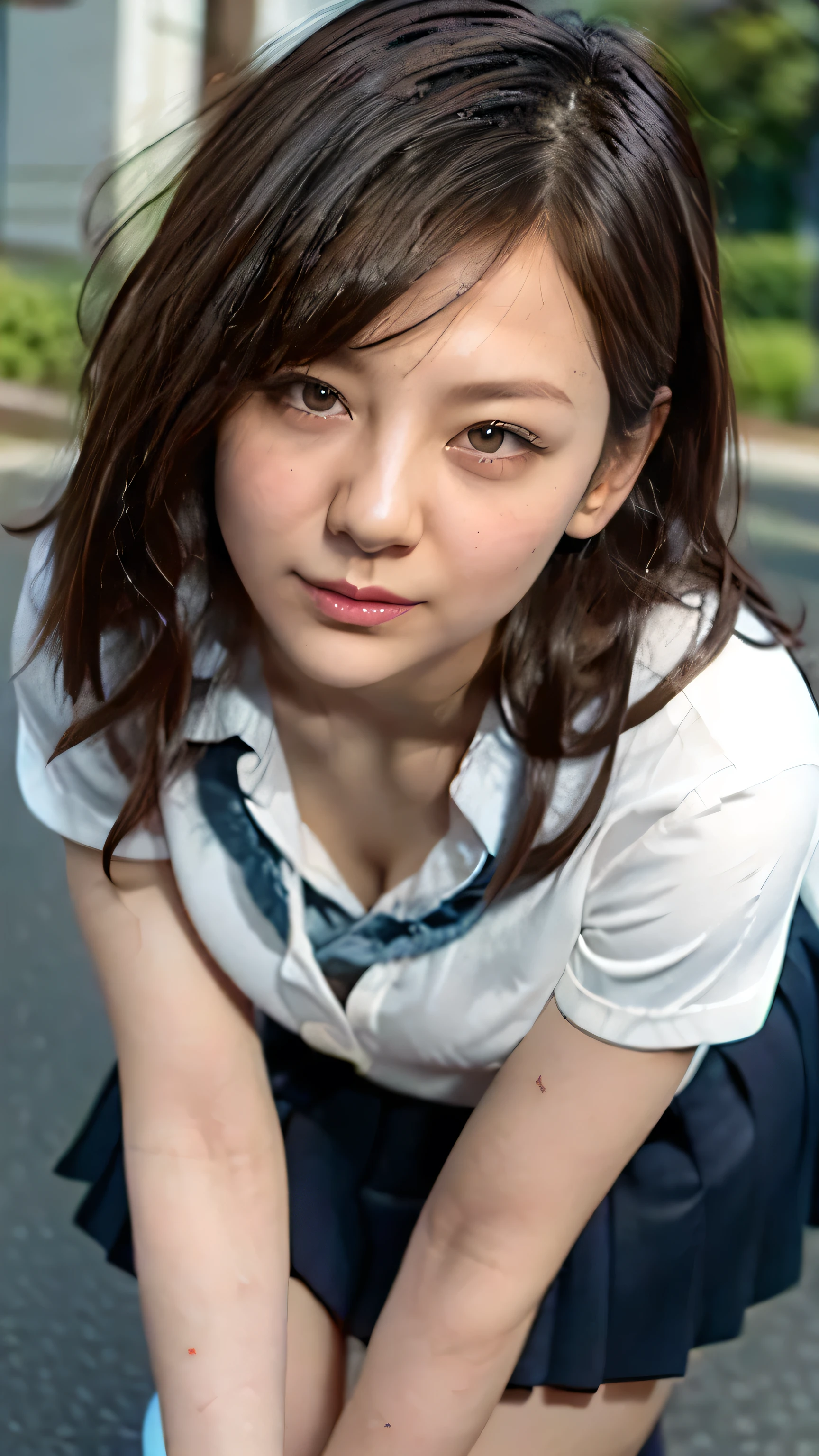 (High school girls walking on Tokyo street:1.2、blue sky)、((school uniform、blazer、Pleated skirt、Navy blue socks、loafers)、the wind is strong、(Realistic、Like a photograph、Live Action、8K, Realistic, RAW Photos, Best image quality: 1.4), Single-lens reflex camera、RAW Photos, Highest quality, Realistic, Highly detailed CG Unity 8K wallpaper, Written boundary depth, Cinematic Light, Lens flare, Ray Tracing, Realistic background、((ultra high density skin))、 age girl on her way to school,Cute Japanese、(whole body:1.5)、Super detailed face，avert your eyes:1.1、(Silver inner color hair、Straight Long Hair:1.2、My hair flutters in the wind:1.4)、I like that style、stylish、Very detailed、Pay attention to the details、Perfect outfit、(Sunburned skin)、View from above、Accurate hands、Accurate legs、Detailed hands and fingers、Anatomically correct body、Thin legs、Thin thighs