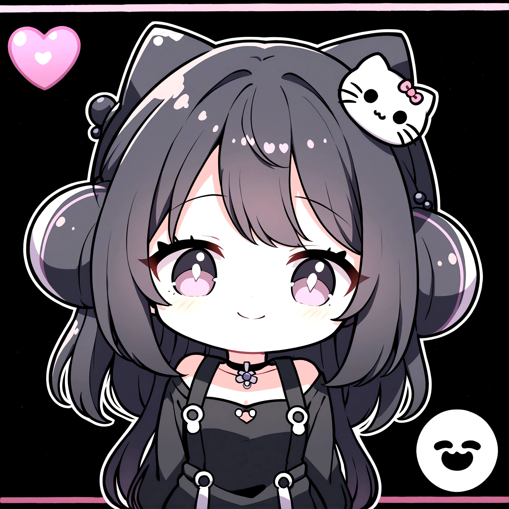 anime style, chibi, logo illustration, medium shot, emote for twitch, black hair, no bangs, black baggy hello kitty jumpsuit, hugging a heart, happy expression, less illumination