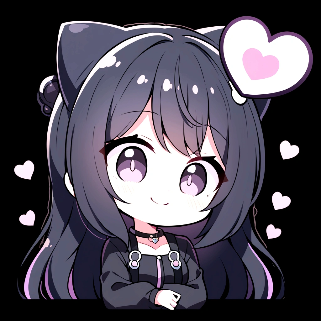 anime style, chibi, logo illustration, medium shot, emote for twitch, black hair, no bangs, black baggy hello kitty jumpsuit, hugging a heart, happy expression, less illumination