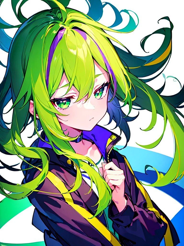 [(WHITE BACKGROUND:1.5),::5], ((((masterpiece)))), high quality, ultra very high resolution, full color, (((solo))), ((**********)), Purple hair, ((Green streaked hair)), (Green eyes), anime, ((upper body)), neon light, black parka, 