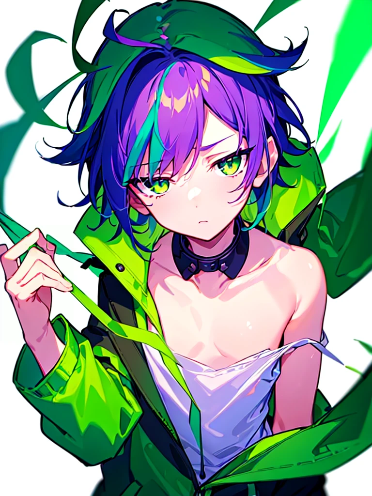 [(WHITE BACKGROUND:1.5),::5], ((((masterpiece)))), high quality, ultra very high resolution, full color, (((solo))), ((**********)), Purple hair, ((Green streaked hair)), (Green eyes), anime, ((upper body)), neon light, black parka, 