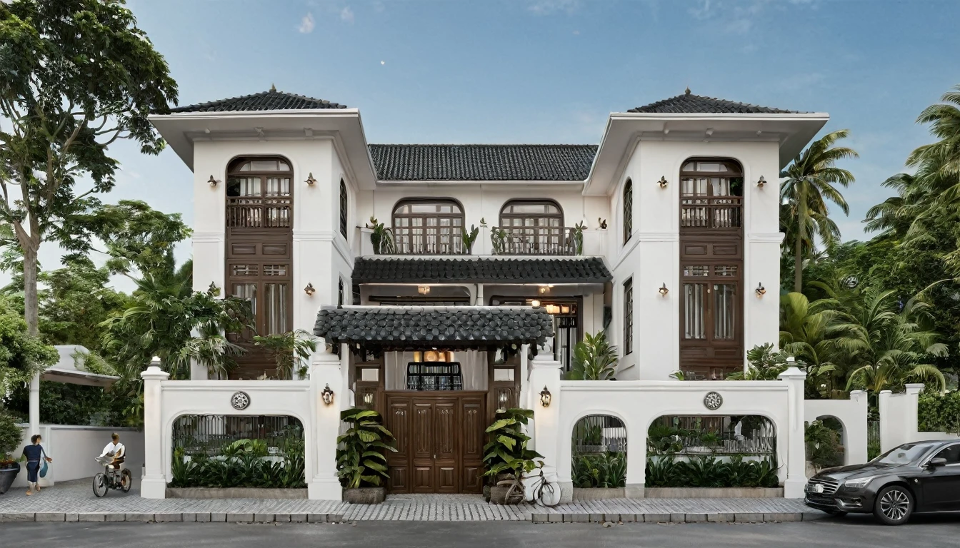 Render a 15-meter-wide, 6-story Indochine-style townhouse situated in an urban setting. The townhouse features an elegant white facade with traditional Indochine architectural elements, including arched windows, wooden shutters, and decorative railings. The roof is designed with a two-sided slope running from front to back, similar to the style of houses in Hoi An. The exterior walls are adorned with subtle, ornate details that reflect the Indochine style. Incorporate artistic wooden louver panels (lam gỗ) on the exterior for added visual interest and architectural depth. The ground floor includes a welcoming entrance with classic wooden furniture and traditional lanterns. The street is lined with cobblestone pavement, tropical plants, and urban elements such as street lamps and parked bicycles, creating a harmonious blend of traditional and urban aesthetics. 8k resolution, UHD, high-quality detail, Indochine style, 5-meter-wide facade, 3-story, white exterior, arched windows, wooden shutters, decorative railings, two-sided sloping roof, Hoi An style, classic wooden furniture, traditional lanterns, ornate details, artistic wooden louver panels, urban setting, street view, cobblestone pavement, tropical plants, street lamps, parked bicycles, harmonious blend of traditional and urban aesthetics.
