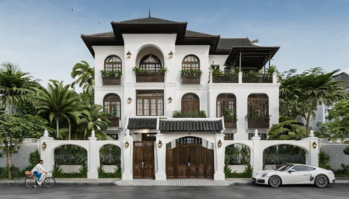 Render a 15-meter-wide, 6-story Indochine-style townhouse situated in an urban setting. The townhouse features an elegant white facade with traditional Indochine architectural elements, including arched windows, wooden shutters, and decorative railings. The roof is designed with a two-sided slope running from front to back, similar to the style of houses in Hoi An. The exterior walls are adorned with subtle, ornate details that reflect the Indochine style. Incorporate artistic wooden louver panels (lam gỗ) on the exterior for added visual interest and architectural depth. The ground floor includes a welcoming entrance with classic wooden furniture and traditional lanterns. The street is lined with cobblestone pavement, tropical plants, and urban elements such as street lamps and parked bicycles, creating a harmonious blend of traditional and urban aesthetics. 8k resolution, UHD, high-quality detail, Indochine style, 5-meter-wide facade, 3-story, white exterior, arched windows, wooden shutters, decorative railings, two-sided sloping roof, Hoi An style, classic wooden furniture, traditional lanterns, ornate details, artistic wooden louver panels, urban setting, street view, cobblestone pavement, tropical plants, street lamps, parked bicycles, harmonious blend of traditional and urban aesthetics.