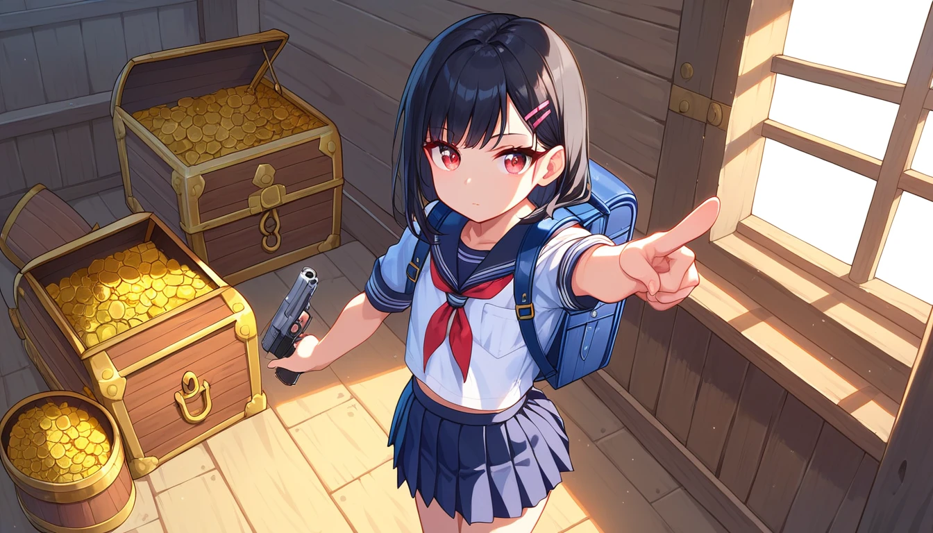 ((1girls:1.3)), ((solo:1.3)), ((school uniform:1.3)), ((ship deck:1.3)), ((pistol:1.3)), ((pointing gun:1.3)), ((gunshot:1.3)), ((expressionless:1.3)), ((backpack:1.3)), ((moe style:1.3)), ((standing:1.3)), ((red eyes:1.3)), ((treasure chest:1.3)), ((small girl:1.3)), ((flat chest:1.3)), ((black hair:1.3)), ((perfect face)), ((extremely cute:1.3)), ((masterpiece:1.3)), ((8k)), ((best quality:1.3)), ((beautiful)), ((extremely detailed:1.3)) , ((absurdres)), AddXL, ((score_9:1.3)), ((score_8_up:1.3)), ((score_7_up:1.3)), Expressiveh