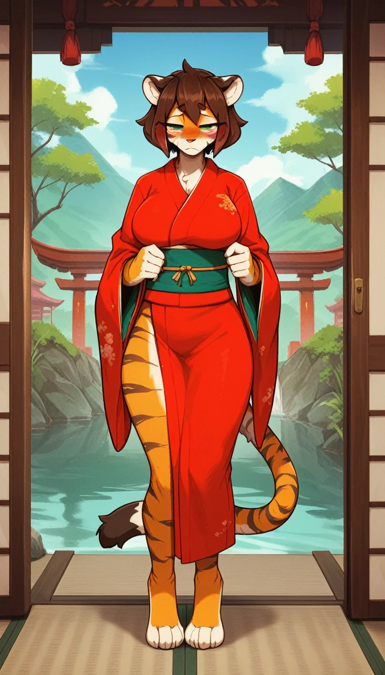 Half-closed eyes, tired expression, 1girl, anthro, furry, fur, fluffy fur, tiger girl, japanese temple background, brown hair, green eyes, short hair, full body, (19 years), big breast, thicc thighs, solo, (japanese temple), half-closed eyes, standing, detailed, red kimono, blush, shy, score_9, score_8_up, score_7_up, score_6_up, score_5_up, score_4_up