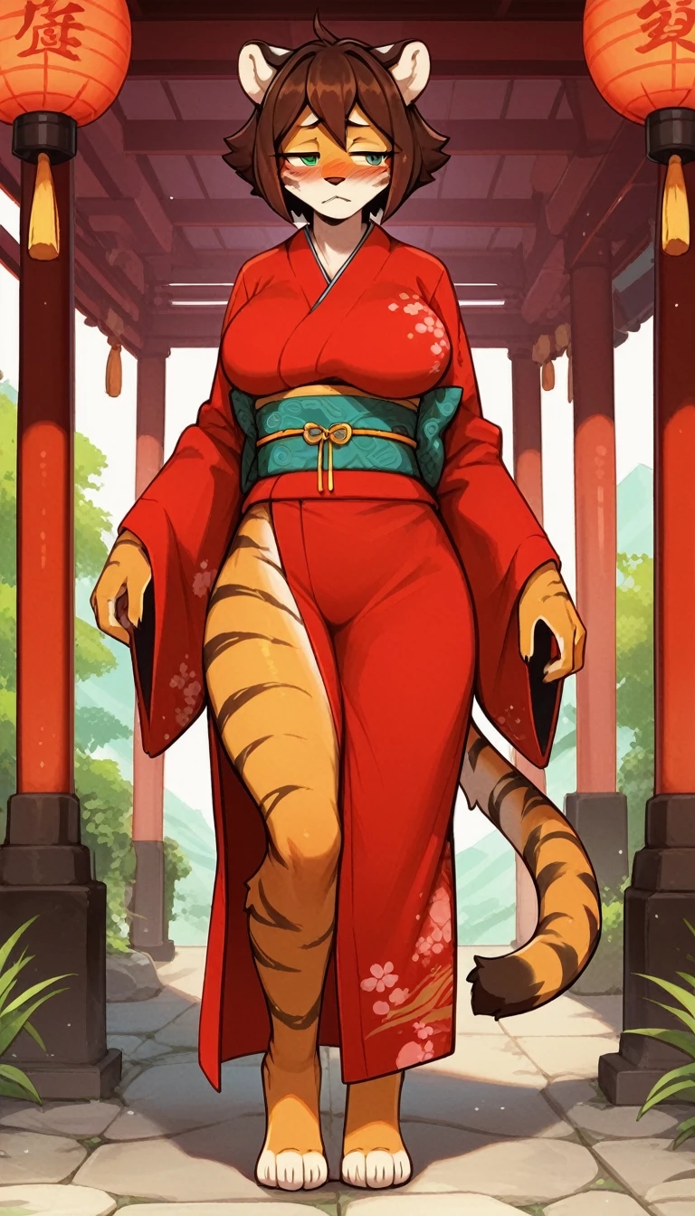 Half-closed eyes, tired expression, 1girl, anthro, furry, fur, fluffy fur, tiger girl, japanese temple background, brown hair, green eyes, short hair, full body, (19 years), big breast, thicc thighs, solo, (japanese temple), half-closed eyes, standing, detailed, red kimono, skirt lift, blush, shy, score_9, score_8_up, score_7_up, score_6_up, score_5_up, score_4_up