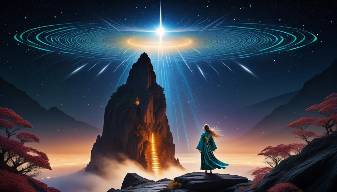 (((Stylish and hazy:1.3))), (((Parallel Cyber Fairy Grunge Style:1.3))), (((Stunningly detailed illustration of a meteor shower:1.5))), Adorned with intricate and ornate robes, Standing on a cliff, (((Majestic meteor detail in background:1.3))), (((Stunning intricately detailed digitally painted illustrations:1.3))), High Contrast, Behold the stunning beauty, Radiant power and determination, Intricate Design, From a touch of grandeur to highly detailed and intricate renderings, Incredible detail and craftsmanship, Add in every intricate detail, lovingly rendered, Create visually stunning and dynamic scenes, Fierce and determined spirit, The robe is a masterpiece, 非常にIntricate Design, (((The epitome of quality and craftsmanship:1.3))), (((Radiosity rendered in stunning 32K resolution beauty:1.3))), (((最high quality:1.3))), (((high quality:1.1))), (((最high quality:1.3))),