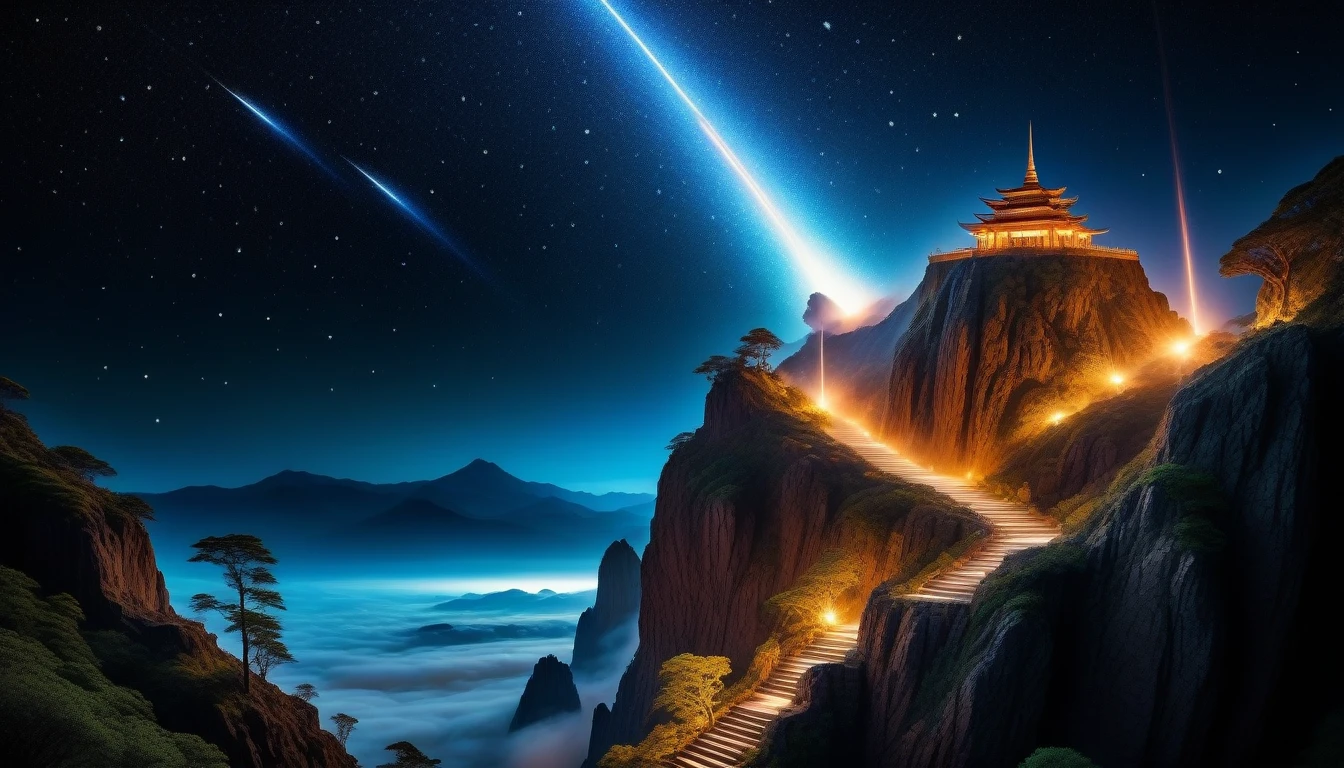 (((Stylish and hazy:1.3))), (((Parallel Cyber Fairy Grunge Style:1.3))), (((Stunningly detailed illustration of a meteor shower:1.5))), Adorned with intricate and ornate robes, Standing on a cliff, (((Majestic meteor detail in background:1.3))), (((Stunning intricately detailed digitally painted illustrations:1.3))), High Contrast, Behold the stunning beauty, Radiant power and determination, Intricate Design, From a touch of grandeur to highly detailed and intricate renderings, Incredible detail and craftsmanship, Add in every intricate detail, lovingly rendered, Create visually stunning and dynamic scenes, Fierce and determined spirit, The robe is a masterpiece, 非常にIntricate Design, (((The epitome of quality and craftsmanship:1.3))), (((Radiosity rendered in stunning 32K resolution beauty:1.3))), (((最high quality:1.3))), (((high quality:1.1))), (((最high quality:1.3))),