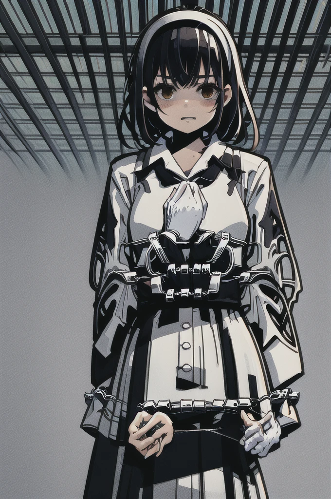 white hairband, black hair, parted bangs, medium hair, brown eyes, white dress, white gloves, obi, black pants, 
light smile, mature female, 2d,
  light rays, volumetric lighting, subsurface scattering, arms at side, hand on own chest, 
BREAK light particles, holy light, 
 extremely detailed,high definition restrained,police,arrest,restrained,shackles,(((handcuffs, cuffs, upper body, handcuff, bound wrists))),masterpiece, best quality,jun kazama handcuffs behind her back,