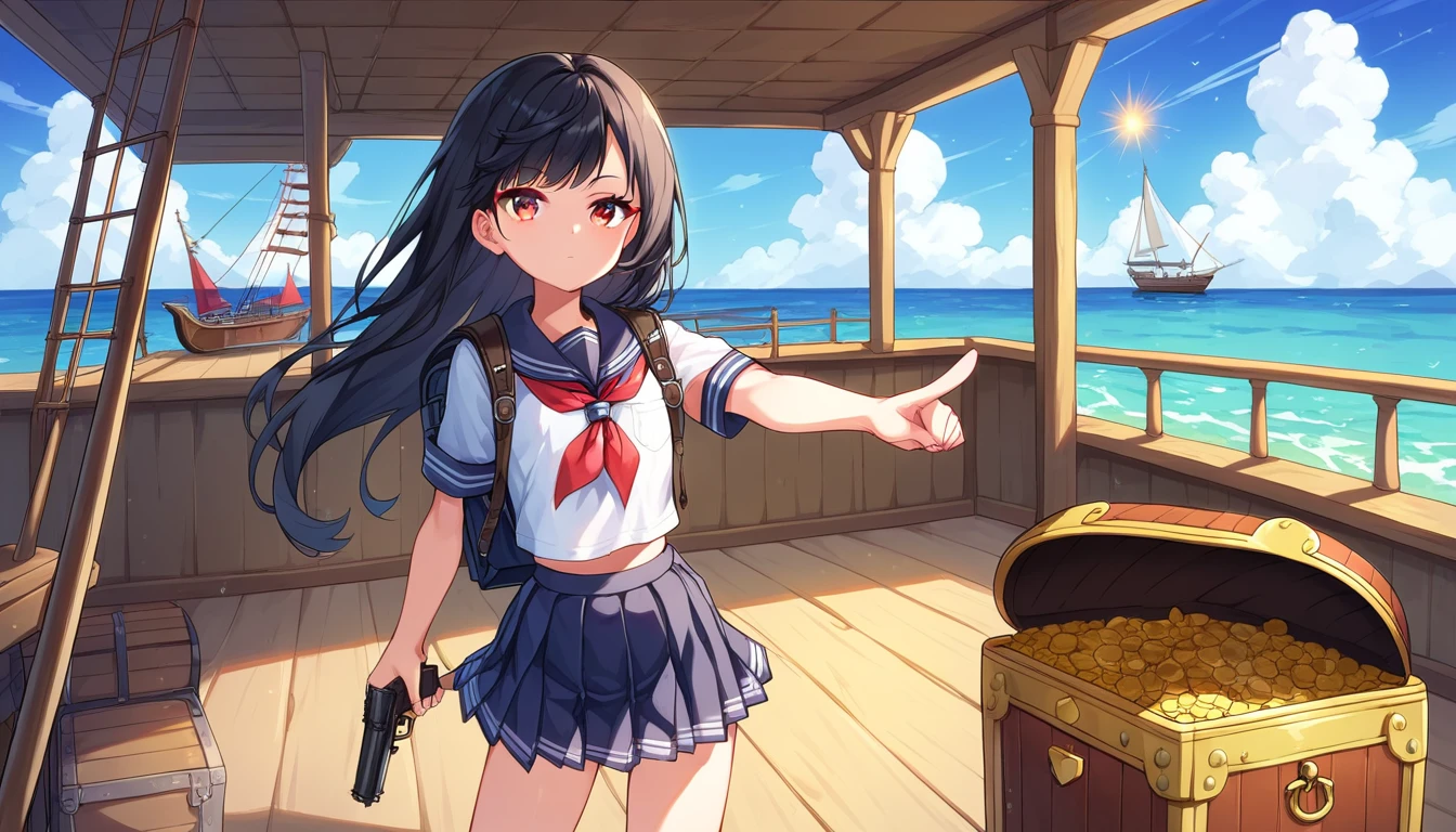 ((1girls:1.3)), ((solo:1.3)), ((school uniform:1.3)), ((ship deck:1.3)), ((ocean:1.3)), ((pistol:1.3)), ((pointing gun:1.3)), ((gunshot:1.3)), ((expressionless:1.3)), ((backpack:1.3)), ((moe style:1.3)), ((standing:1.3)), ((red eyes:1.3)), ((treasure chest:1.3)), (( girl:1.3)), ((flat chest:1.3)), ((black hair:1.3)), ((perfect face)), ((extremely cute:1.3)), ((masterpiece:1.3)), ((8k)), ((best quality:1.3)), ((beautiful)), ((extremely detailed:1.3)) , ((absurdres)), AddXL, ((score_9:1.3)), ((score_8_up:1.3)), ((score_7_up:1.3)), Expressiveh