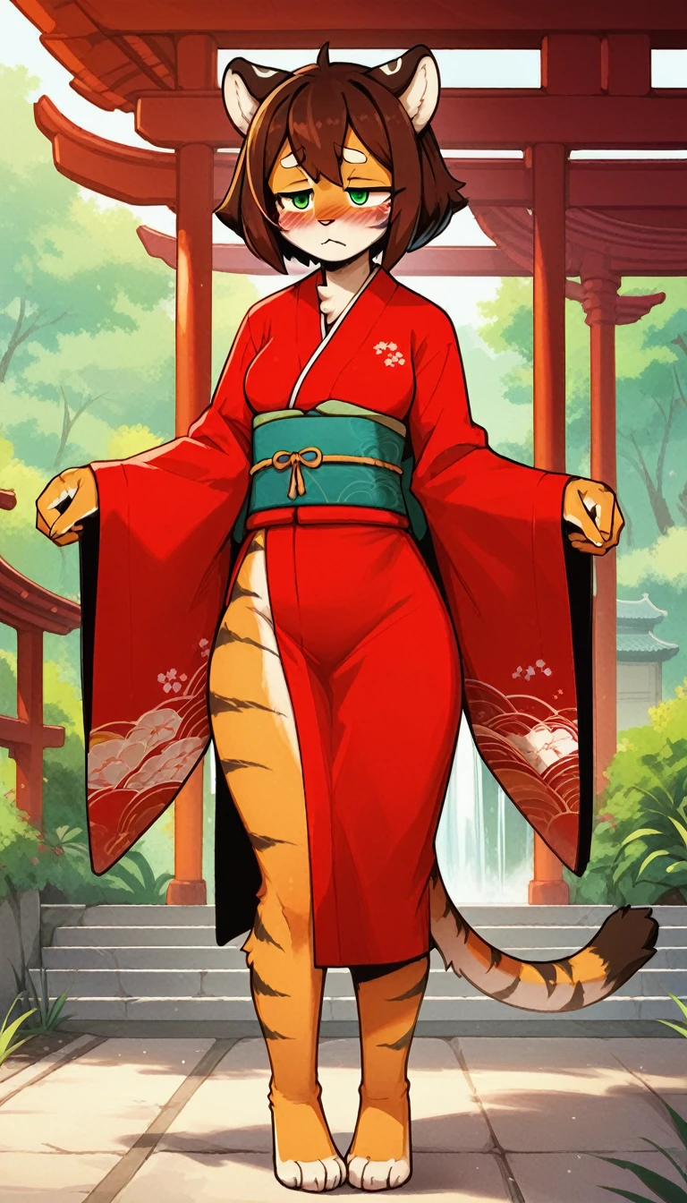 Half-closed eyes, tired expression, 1girl, anthro, furry, fur, fluffy fur, tiger girl, japanese temple background, brown hair, green eyes, short hair, full body, (19 years), big breast, thicc thighs, solo, (japanese temple), half-closed eyes, standing, detailed, red kimono, skirt lift, blush, shy, score_9, score_8_up, score_7_up, score_6_up, score_5_up, score_4_up