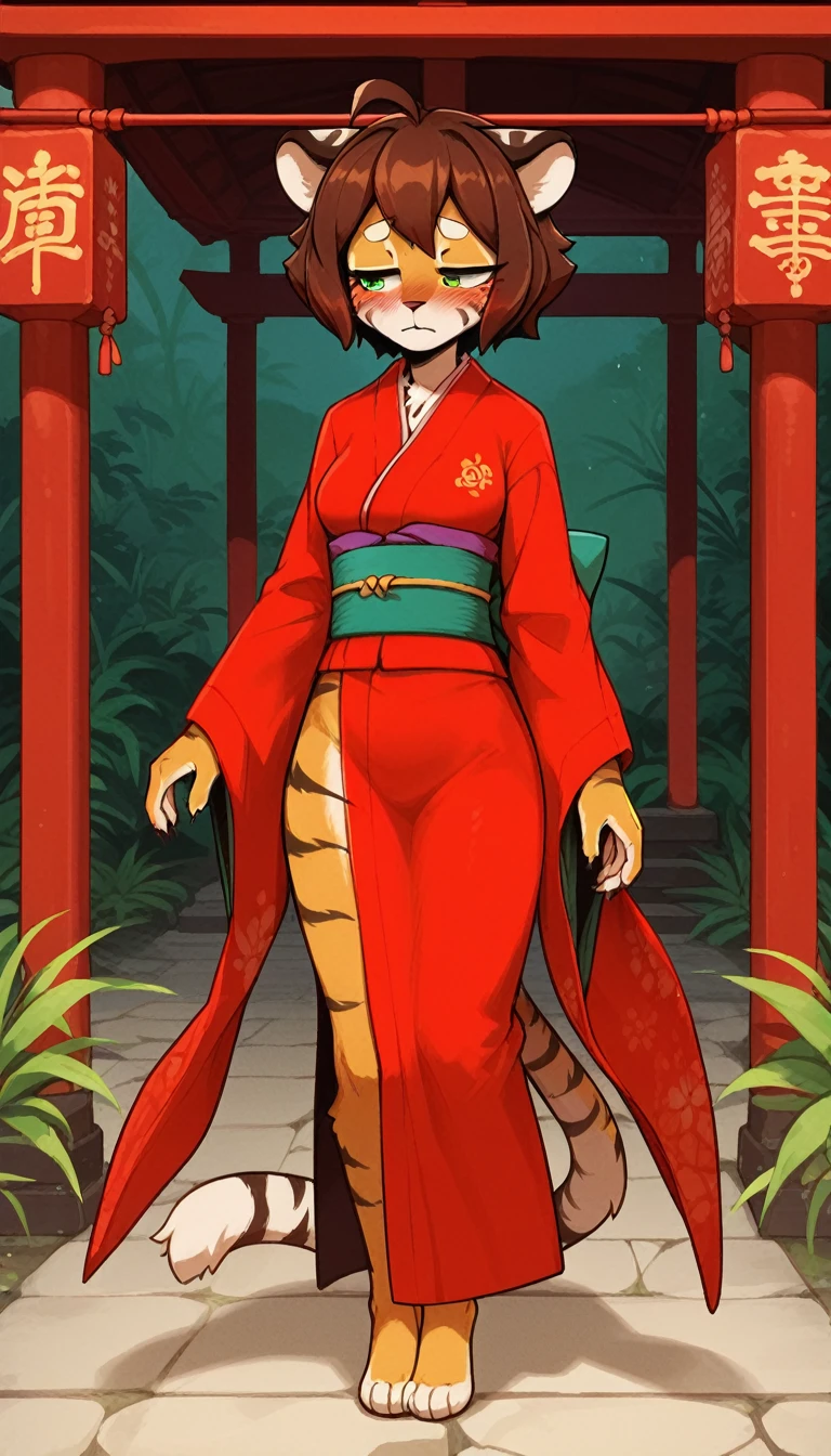 Half-closed eyes, tired expression, 1girl, anthro, furry, fur, fluffy fur, tiger girl, japanese temple background, brown hair, green eyes, short hair, full body, (19 years), medium breast, thicc thighs, solo, (japanese temple), half-closed eyes, standing, detailed, red kimono, blush, shy, score_9, score_8_up, score_7_up, score_6_up, score_5_up, score_4_up