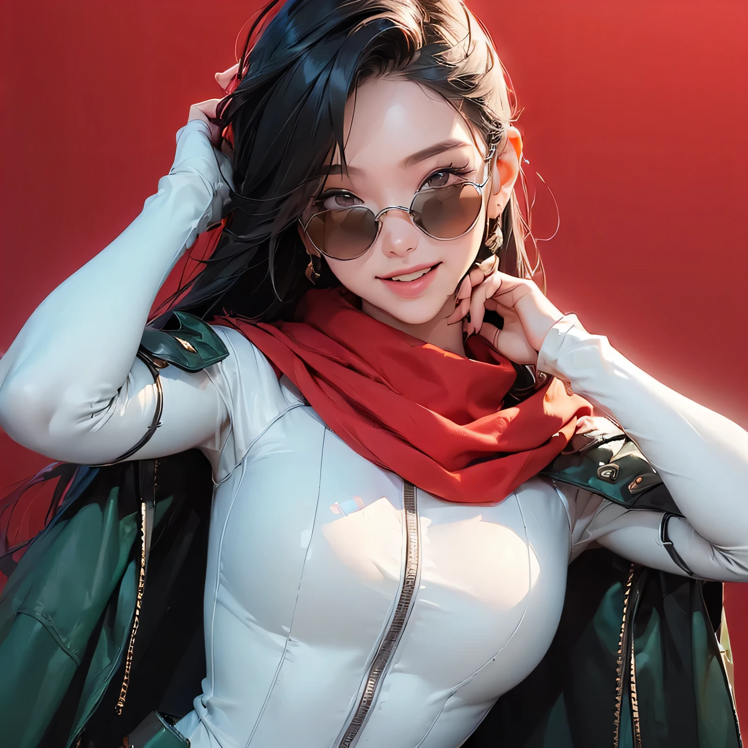 (masterpiece, best quality, 8k wallpaper, high resolution, ultra realistic), 1 woman, 1 girl with sunglasses, 18 years old, woman with long black hair, laughing, smiling, 8k, RAW portrait (Japanese woman), masterpiece, photorealistic: 1.3, realistic, ultra high resolution, highest quality, real life photo, (in the evening: 1.1), ((((1 girl: 1.5))))(cute face: 1.3), perfect proportions, 80s oversized sunglasses,, steampunk, col: white/green, face retouch, labrador, robot suit, chrome skin, savvy, anime cosplay, enhanced cyber, skin color –, slim bodysuit, red scarf, light colored background, two people posing. smiling, looking at you and laughing, grinning,