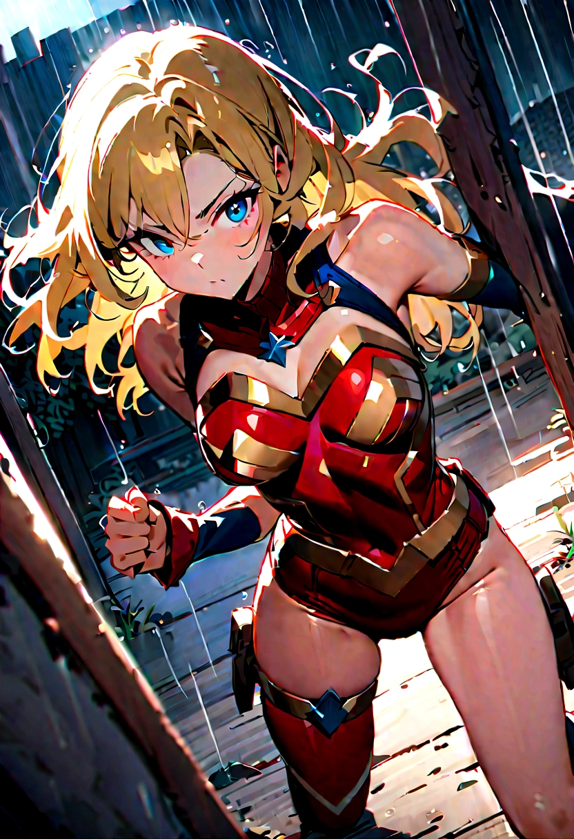 (whole body), (masterpiece:1.2), (Highest_quality:1.2), (Ultra_detailed:1.3), 8k,Low Angle,From below,Big ass girl, Frustrated face,Glare,Watch the audience,Mid-chest, barefoot,Red long boots,3D Rendering,( Supergirl),Laura Bodewig, Long Hair, (Red eyes:1.3), Grey Hair, Eye patch,Red Skirt,The skirt is short,,A blue leotard is visible under the skirt.,The skirt is blown away by the wind,Red Cape,gloves,Simple Background,White Background,(STANDING BY WOODEN POLE),Iron Collar, Put your arms behind your back, Iron Cuffs, bondage, bound,