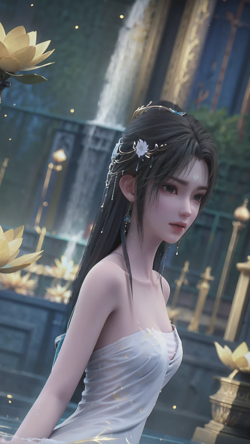 a beautiful young woman bathing in a serene lake, water up to her shoulders, her hands covering her chest, golden glowing lotus flowers floating on the surface, soft lighting, intimate and sensual mood, highly detailed, cinematic composition, realistic, photorealistic
